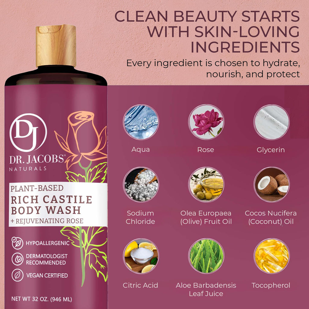 Dr. Jacobs Naturals Pure Castile Soap Rose – Plant-Based Body Wash, Vitamin E & Aloe, 32 oz x 2