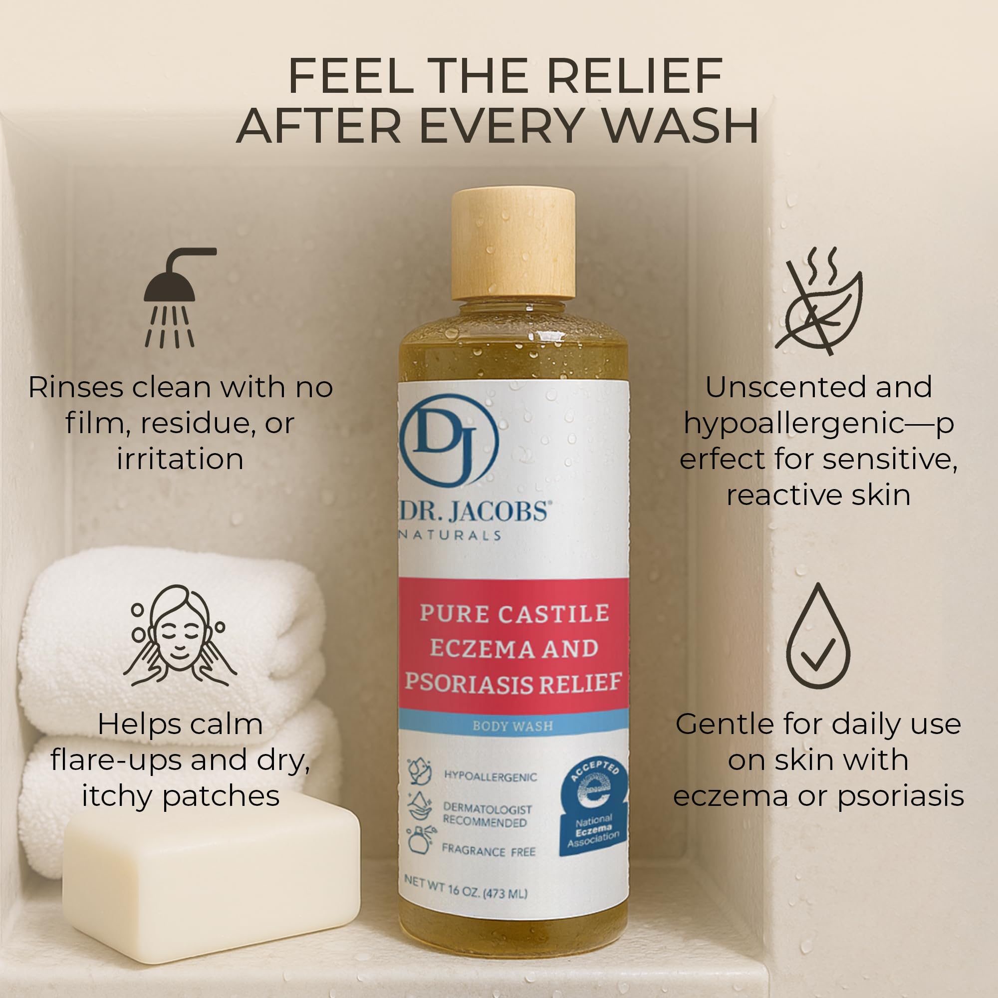 Dr. Jacobs Naturals Hypoallergenic Castile Soap – Fragrance-Free, Sensitive Skin Body Wash (16oz, 2PK)