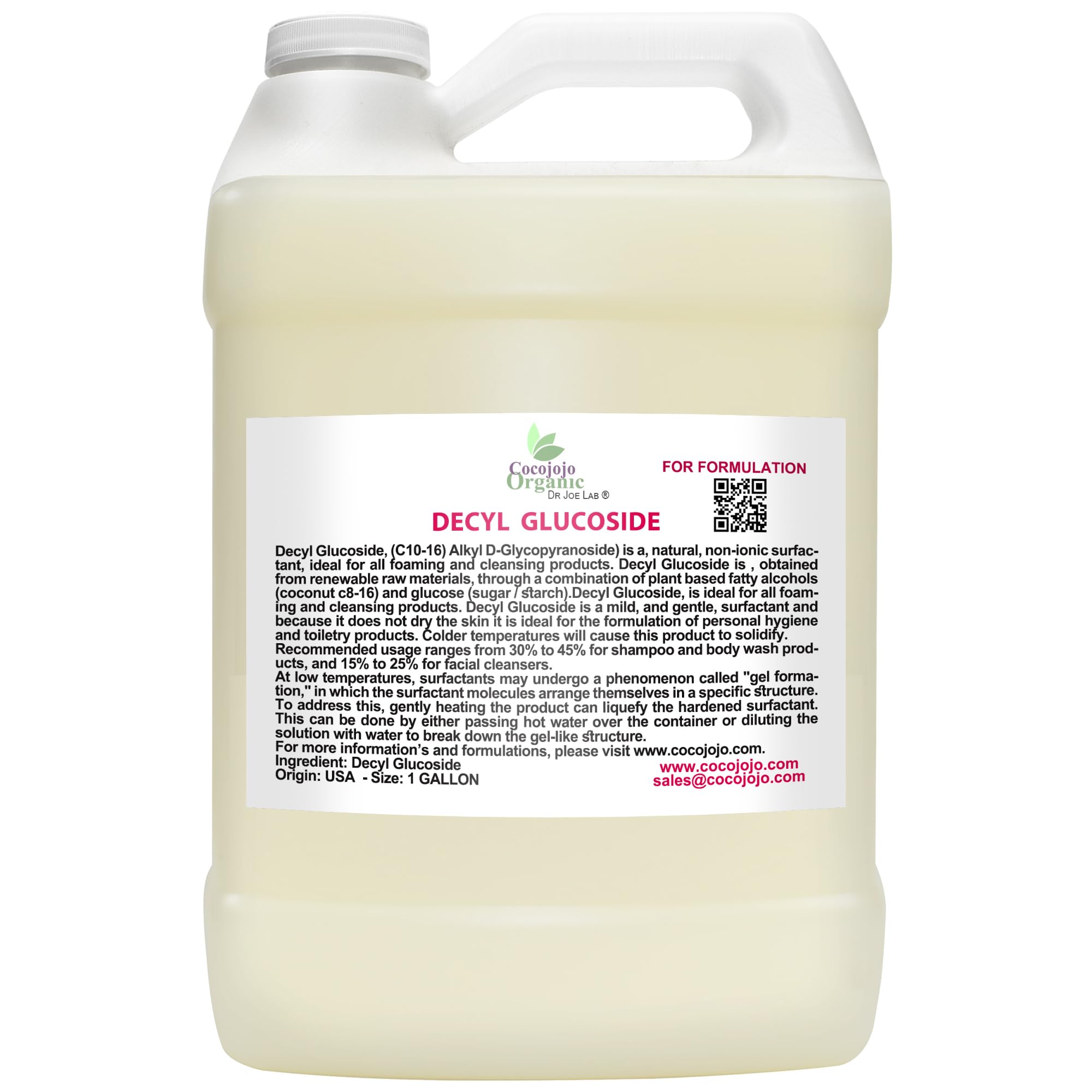 Dr Joe Lab Cocojojo Decyl Glucoside Natural Surfactant – Plant-Derived, Fragrance-Free, 1 Gallon