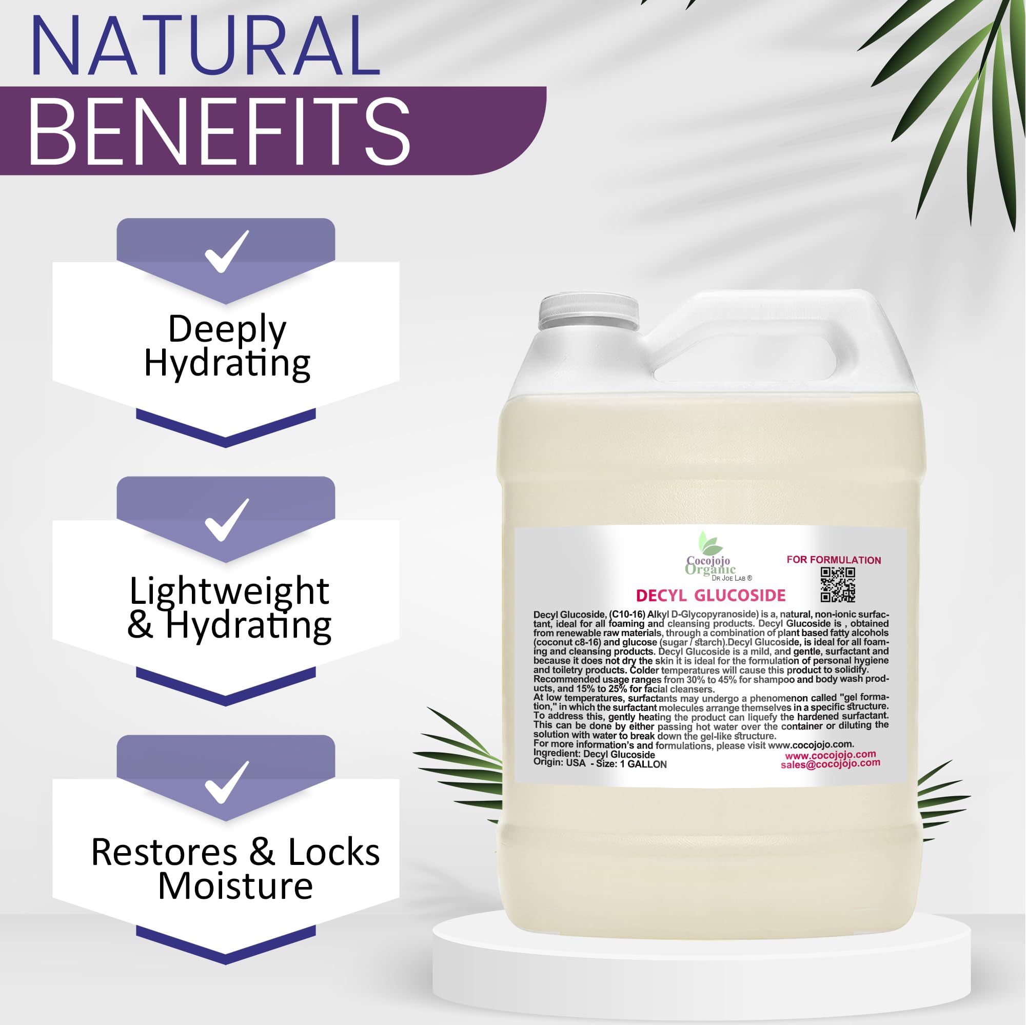 Dr Joe Lab Cocojojo Decyl Glucoside Natural Surfactant – Plant-Derived, Fragrance-Free, 1 Gallon