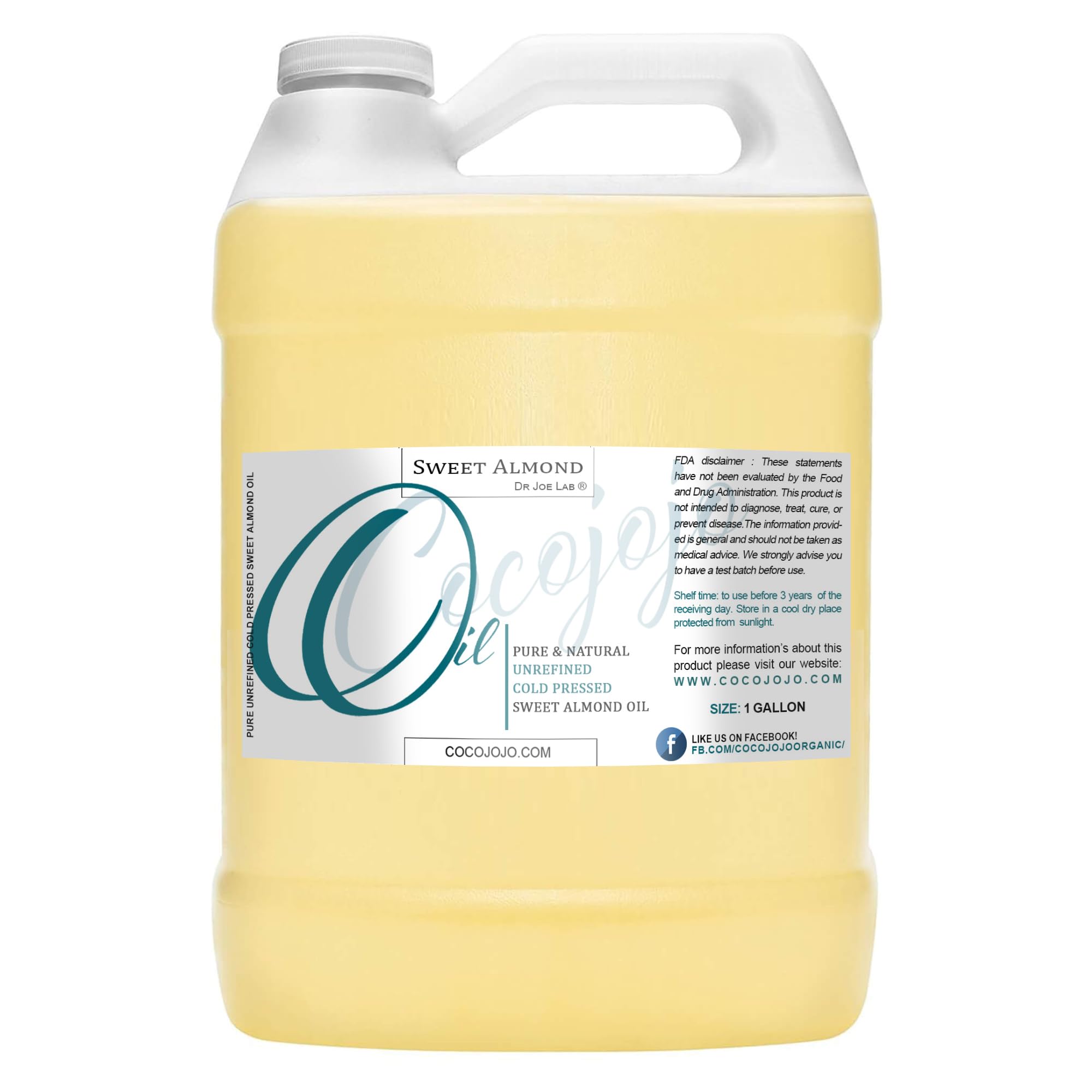 Dr Joe Lab Sweet Almond Oil – 1 Gallon, 100% Pure Cold-Pressed Unrefined (128 fl oz)