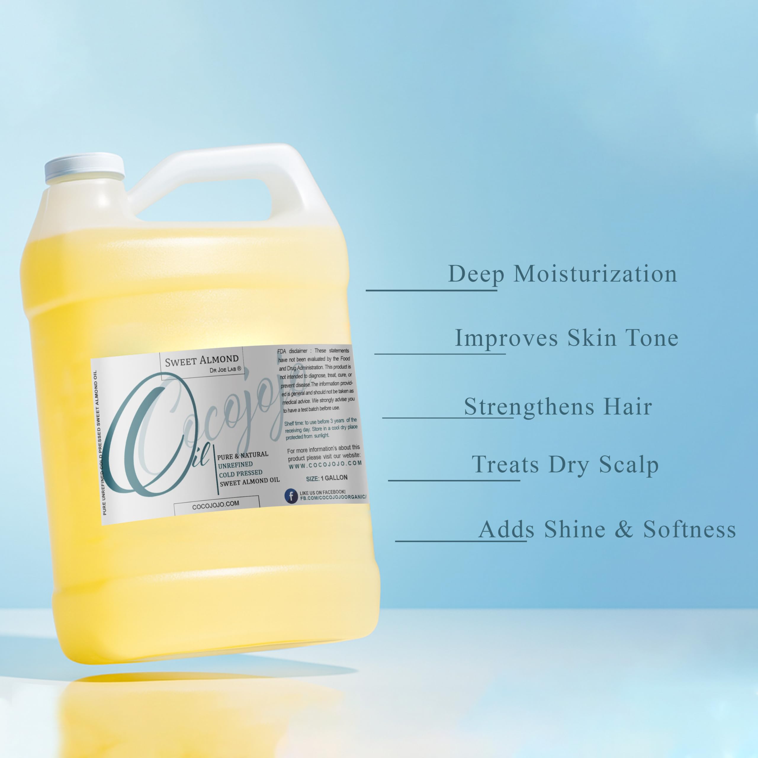 Dr Joe Lab Sweet Almond Oil – 1 Gallon, 100% Pure Cold-Pressed Unrefined (128 fl oz)