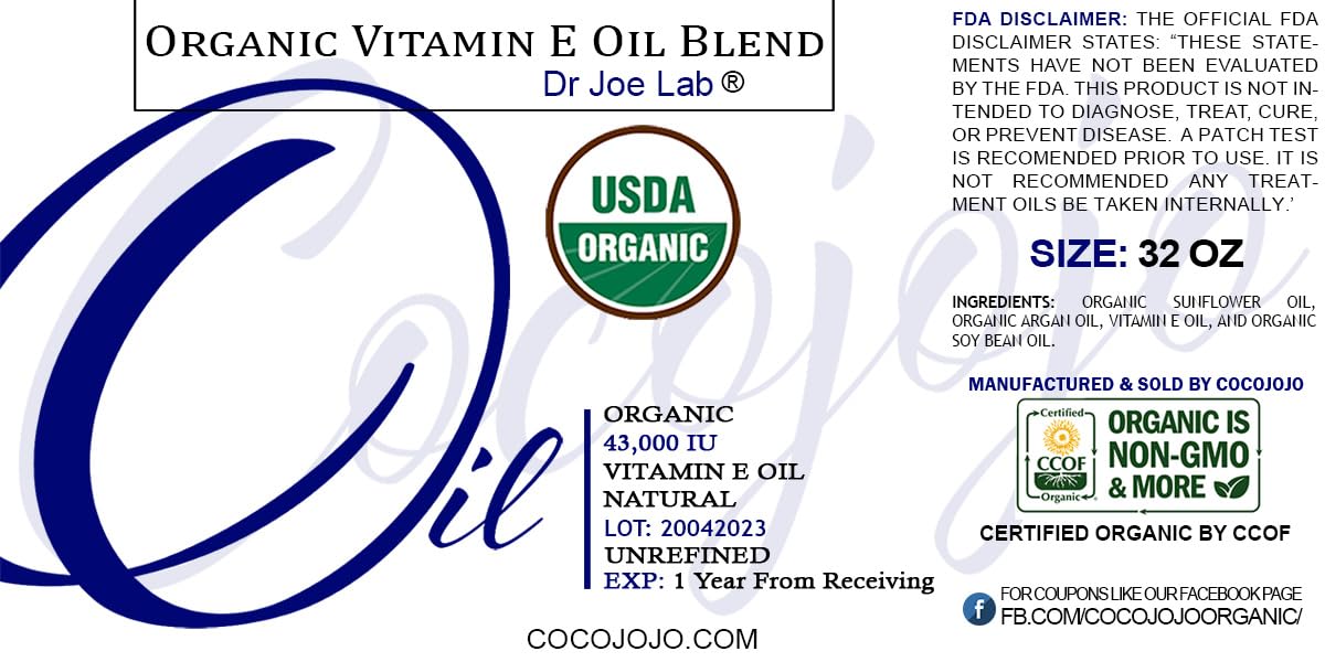 Dr Joe Lab Organic Vitamin E Oil for Skin & Hair | Cold-Pressed, Non-GMO, 32 Oz