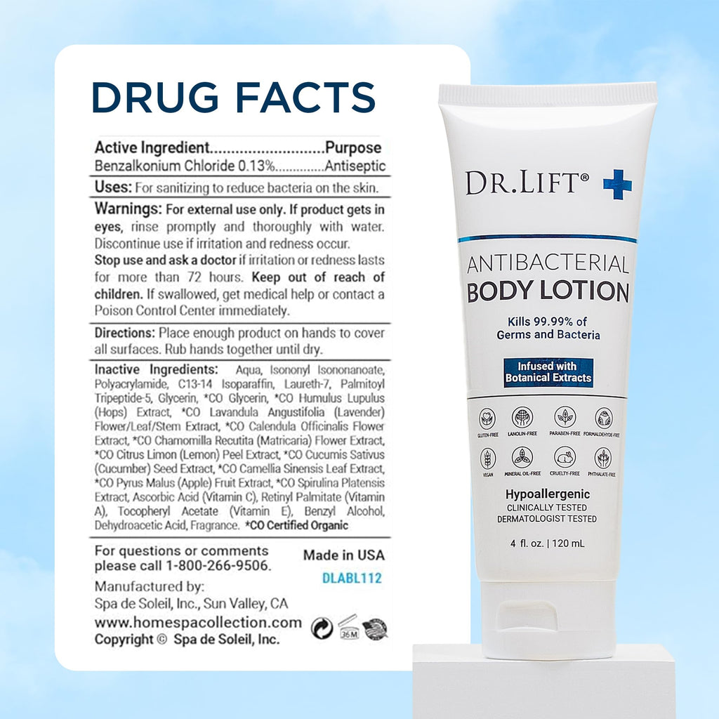 DR. LIFT Antibacterial Body Lotion – Hypoallergenic, Vitamin C & E, Calendula & Chamomile, 4 oz