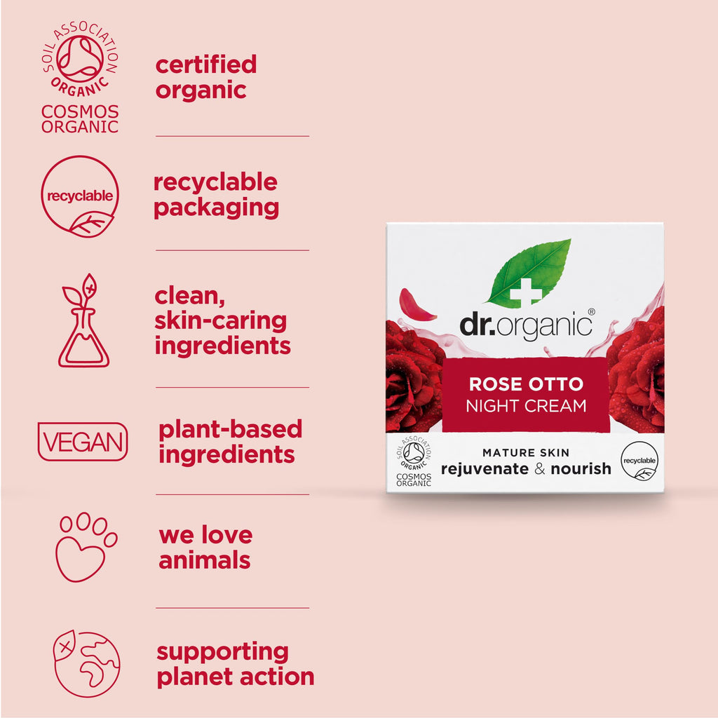 Dr. Organic Rose Otto Night Cream — Organic, Vegan Night Moisturizer for Mature Skin (50 ml)