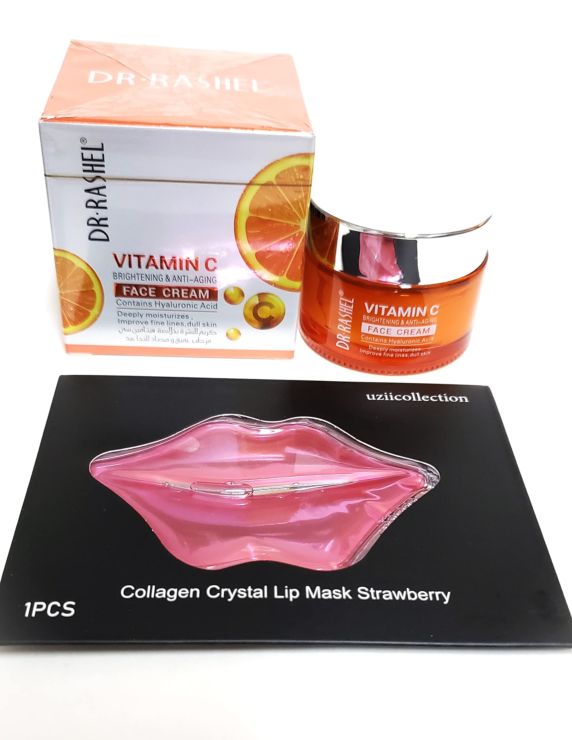 DR.RASHEL Vitamin C Face Cream with Hyaluronic Acid – Anti-Aging Moisturizer + Strawberry Lip Mask, 1.76 oz