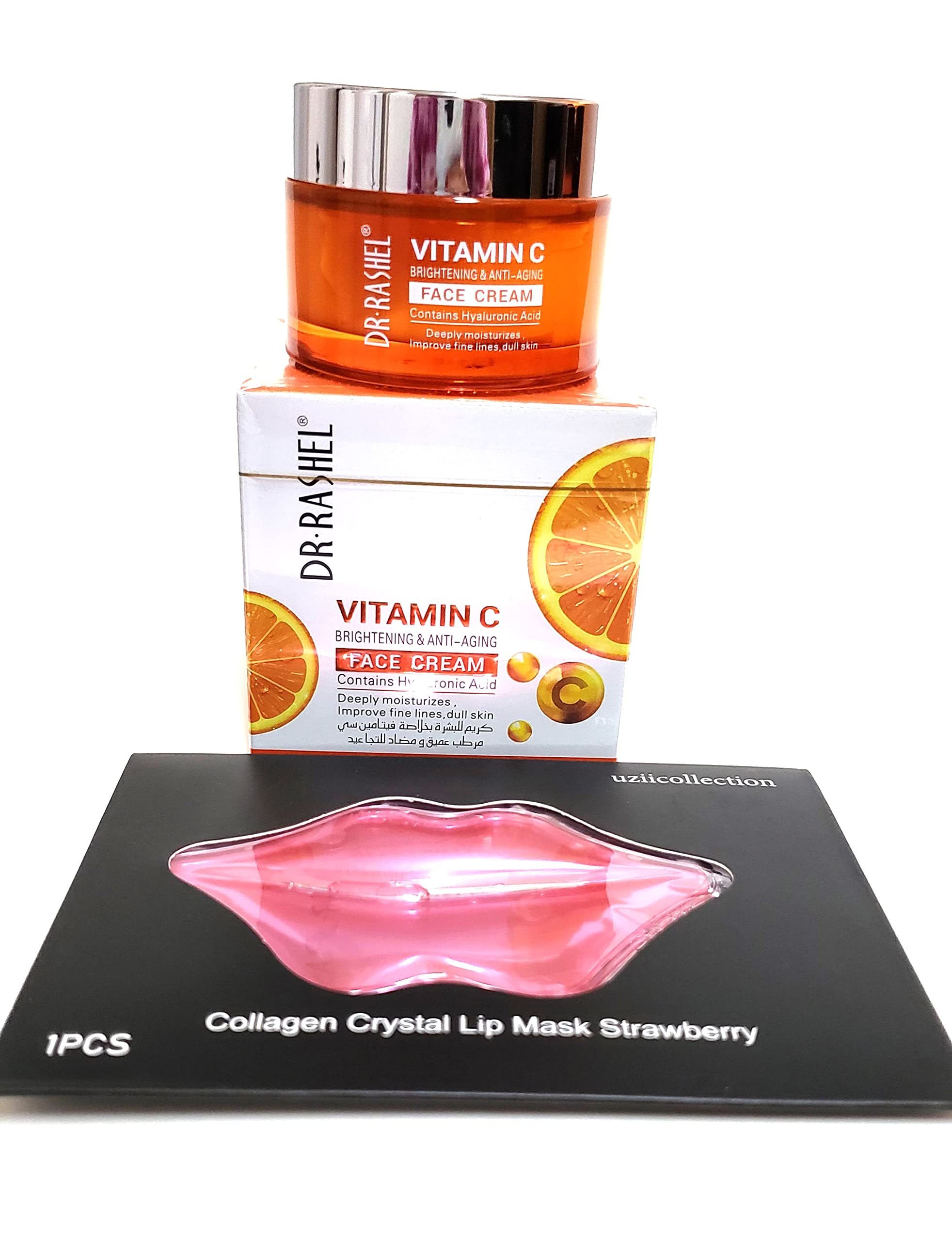 DR.RASHEL Vitamin C Face Cream with Hyaluronic Acid – Anti-Aging Moisturizer + Strawberry Lip Mask, 1.76 oz