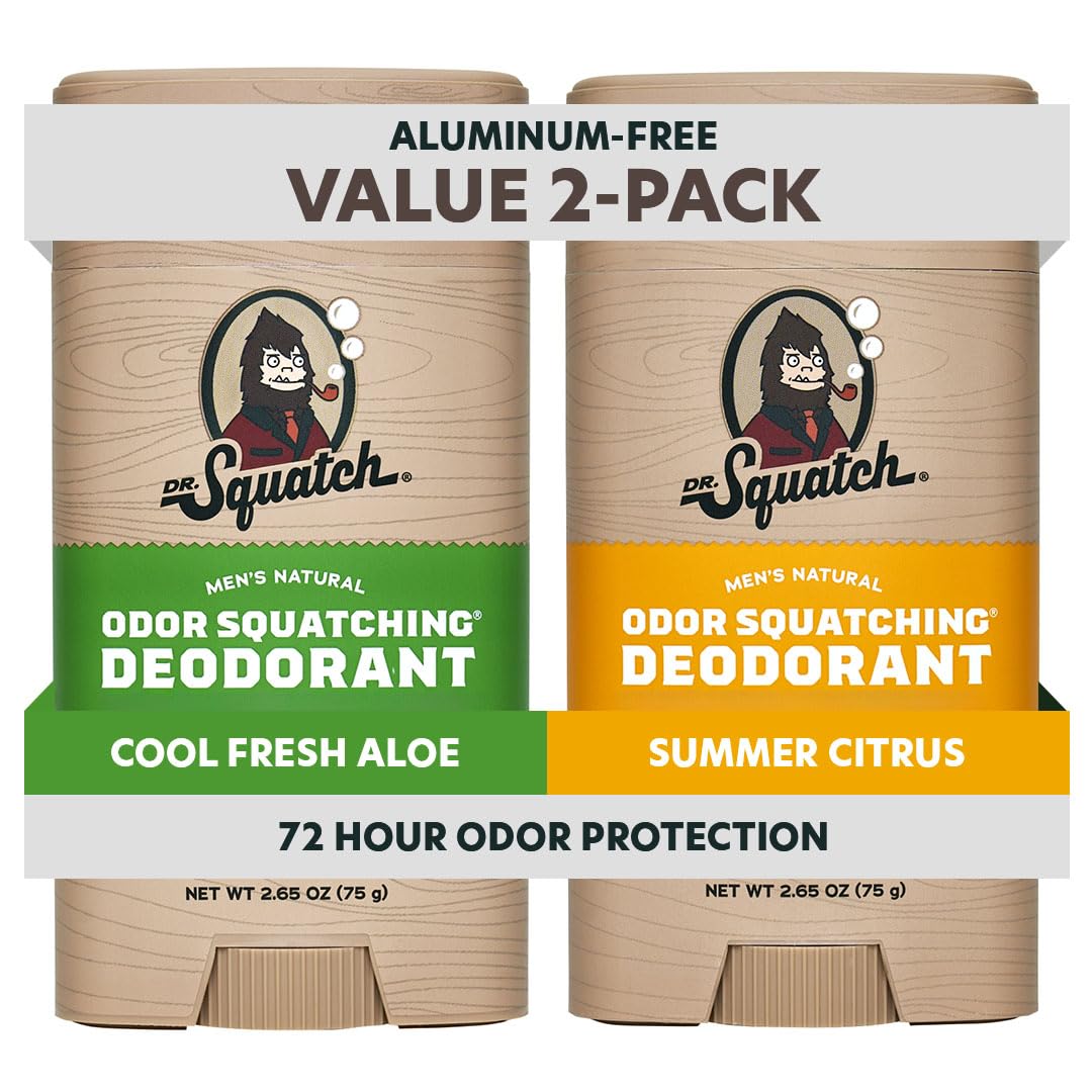 Dr. Squatch Aluminum-Free Deodorant for Men – Charcoal & Postbiotics, Summer Citrus + Aloe, 2-Pack
