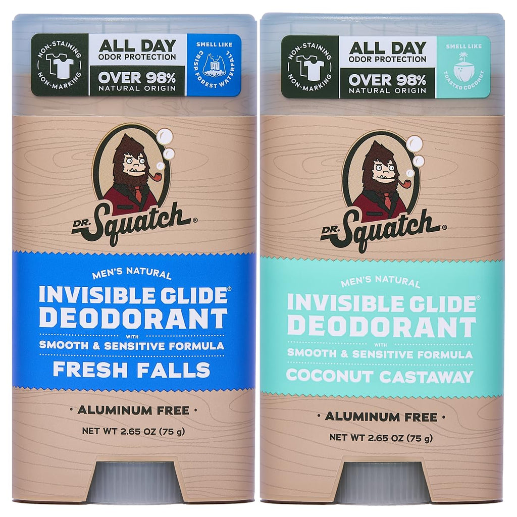 Dr. Squatch Invisible Glide Deodorant for Men – 2-Pack, Aluminum-Free, No Stains, Fresh Falls & Coconut Castaway