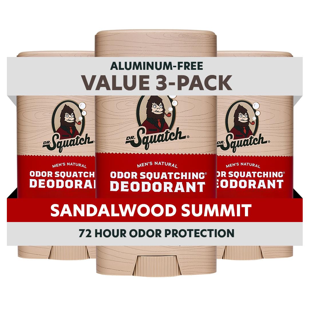 Dr. Squatch Natural Men’s Deodorant – Aluminum-Free, Charcoal & Postbiotics, Sandalwood Summit, 3-Pack (2.65oz Each)