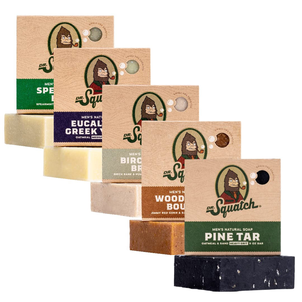 Dr. Squatch Natural Men's Bar Soap - Cold Process with Natural Oils - 5-Pack Gift Set (Spearmint Basil, Pine Tar, Birchwood Breeze, Wood Barrel Bourbon)