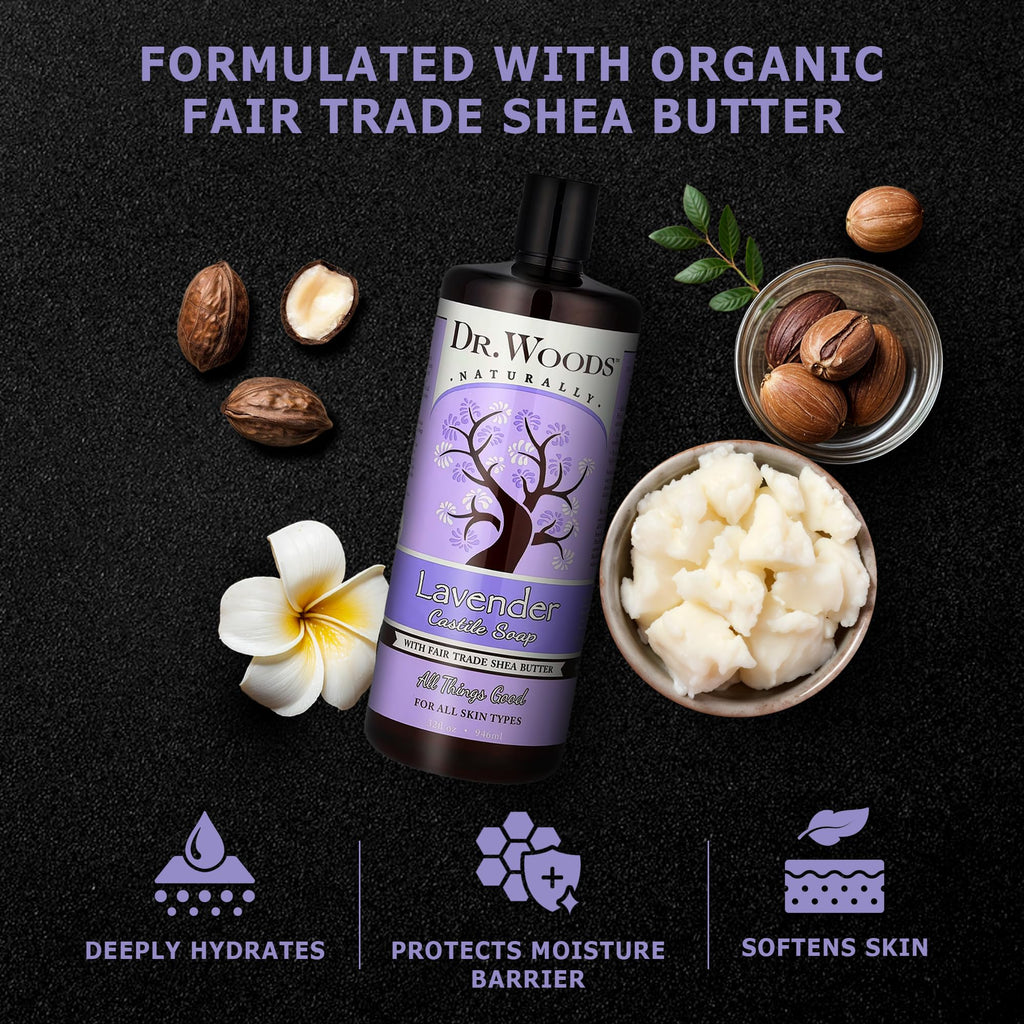 Dr. Woods Lavender Castile Soap – 32 oz x3 with Lavender Oil & Organic Shea Butter