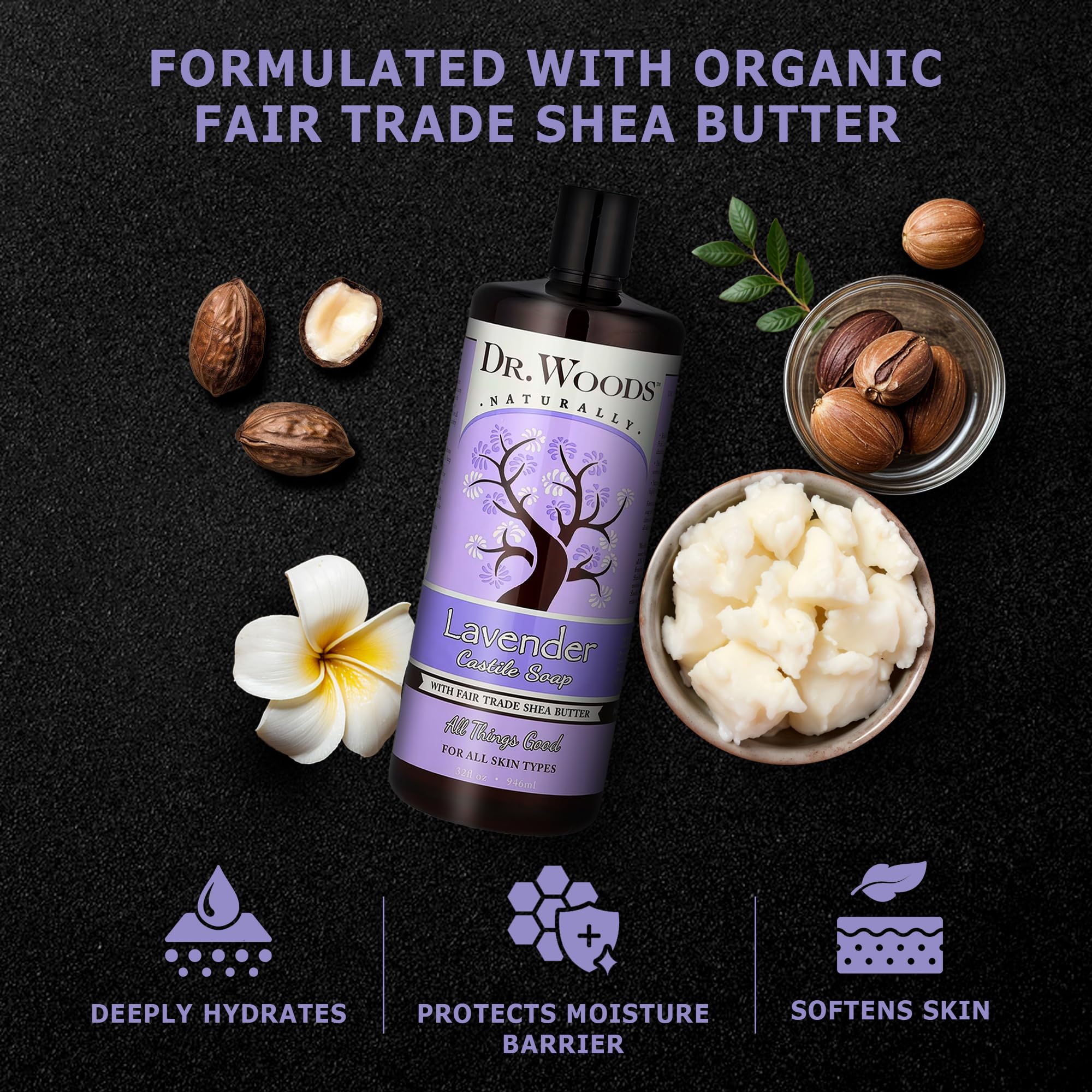 Dr. Woods Lavender Castile Soap – 32 oz x3 with Lavender Oil & Organic Shea Butter