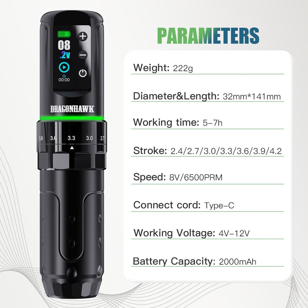 Dragonhawk L3 Tattoo Gun Kit with A4 Thermal Printer – 7 Strokes 2.4-4.2mm, Complete Tattoo Supplies