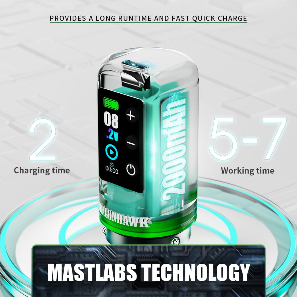 Dragonhawk L3 Tattoo Kit — Cordless Pen Machine, 7 Stroke Options, Dual 2000mAh Batteries