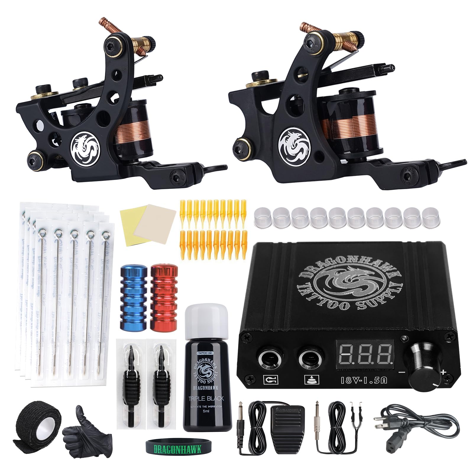 Dragonhawk Traditional Pro Complete Tattoo Kit – Dual Lining & Shading Machines, Power Supply, Needles & Grips for Beginners