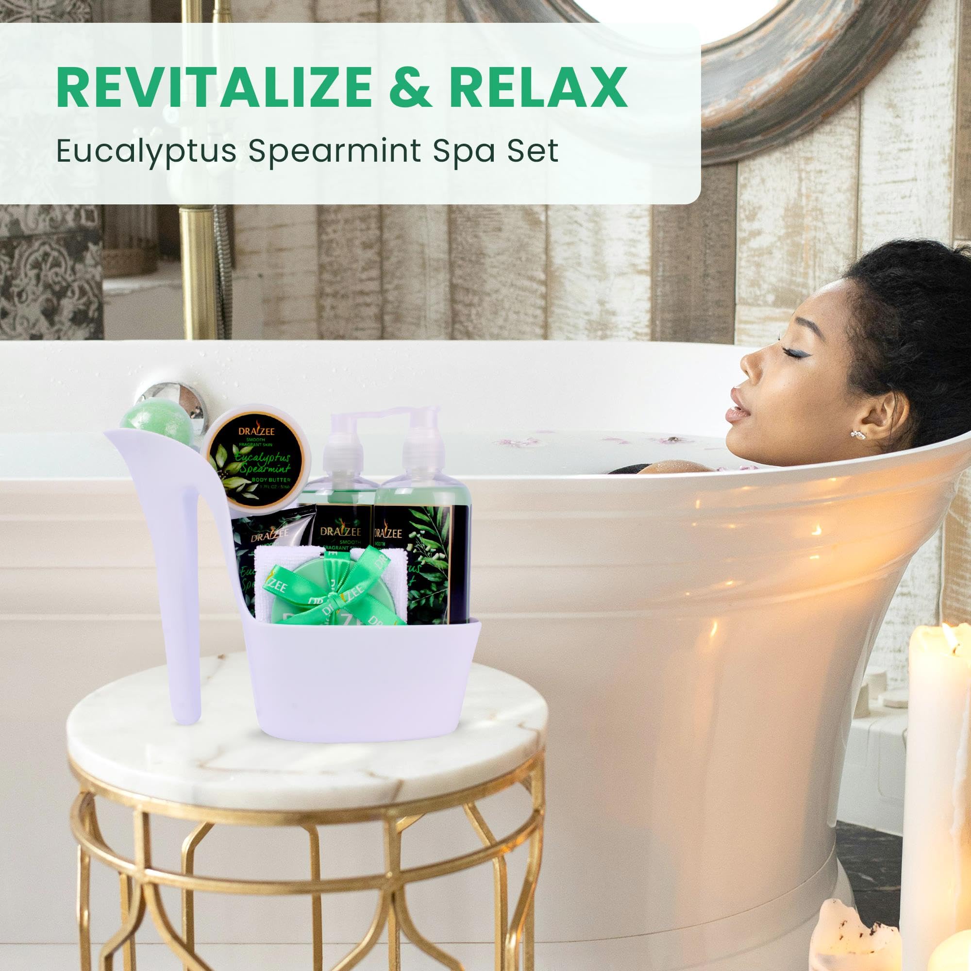 Draizee Valentine's Day Spa Gift Set for Her — 8-Piece Eucalyptus Spearmint Luxury Bath Basket