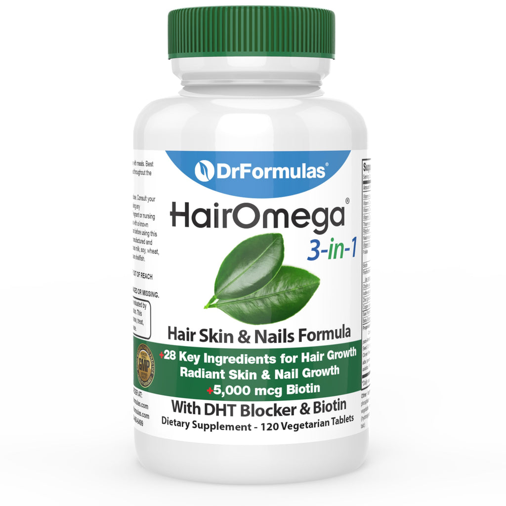 DrFormulas HairOmega 3-in-1 Hair Growth Vitamins with DHT Blocker | Biotin for Hair, Skin & Nails (120 Pills)