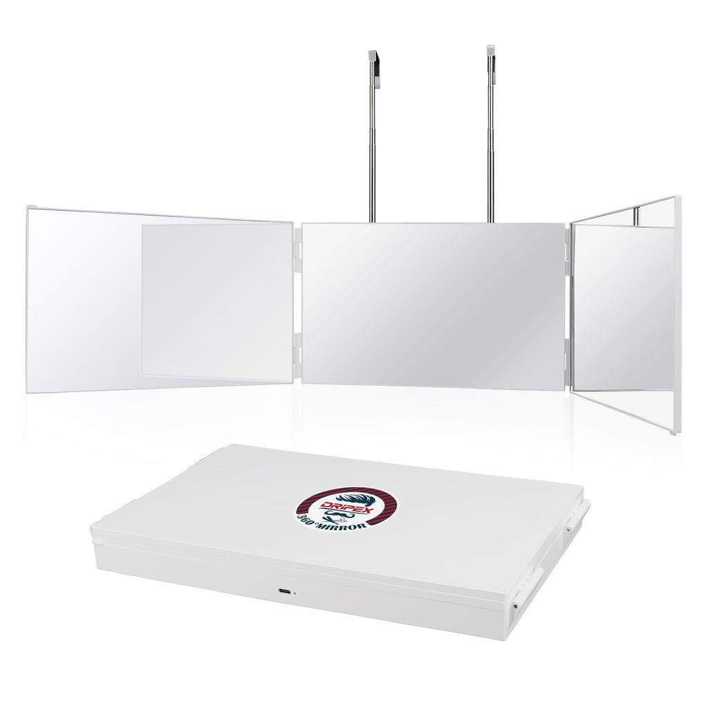 Dripex 3 Way Mirror – 360° Trifold Self Haircut Mirror with Height Adjustable Hooks (White, No LED)