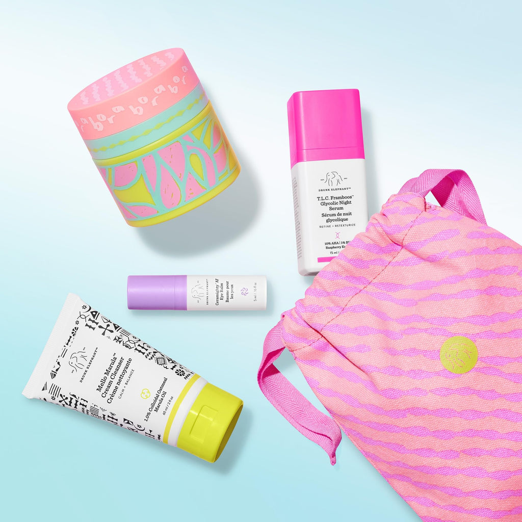 Drunk Elephant Opening Night Kit: Bora Barrier, Mello Marula Cleanser, TLC Framboos, Ceramighty
