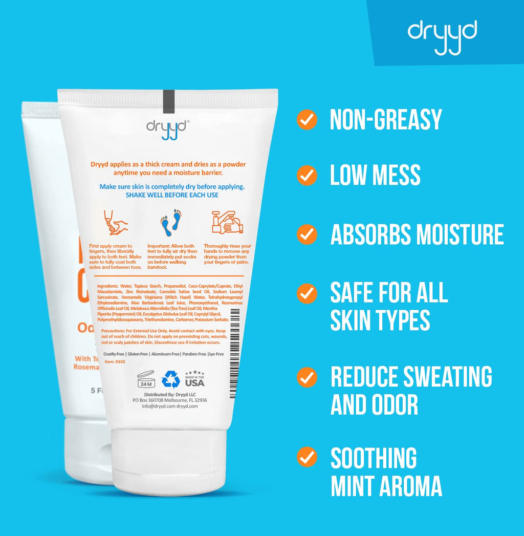 dryyd Foot Powder Cream Lotion Deodorant – Talc-Free 5oz Tube with Tea Tree & Peppermint