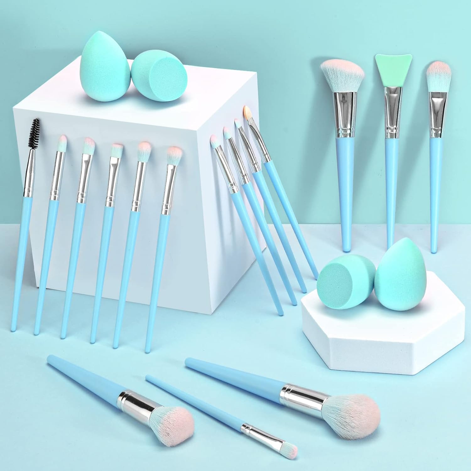 DUAIU 16pcs Professional Makeup Brush Set with Premium Synthetic Brushes & Sponges – Blue