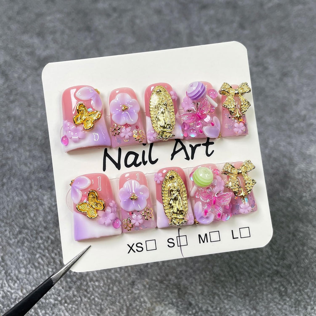 Duck Handmade Press-On Nails Purple-White Gradient | 3D Flower, Lollipop & Bow Design (10pcs)