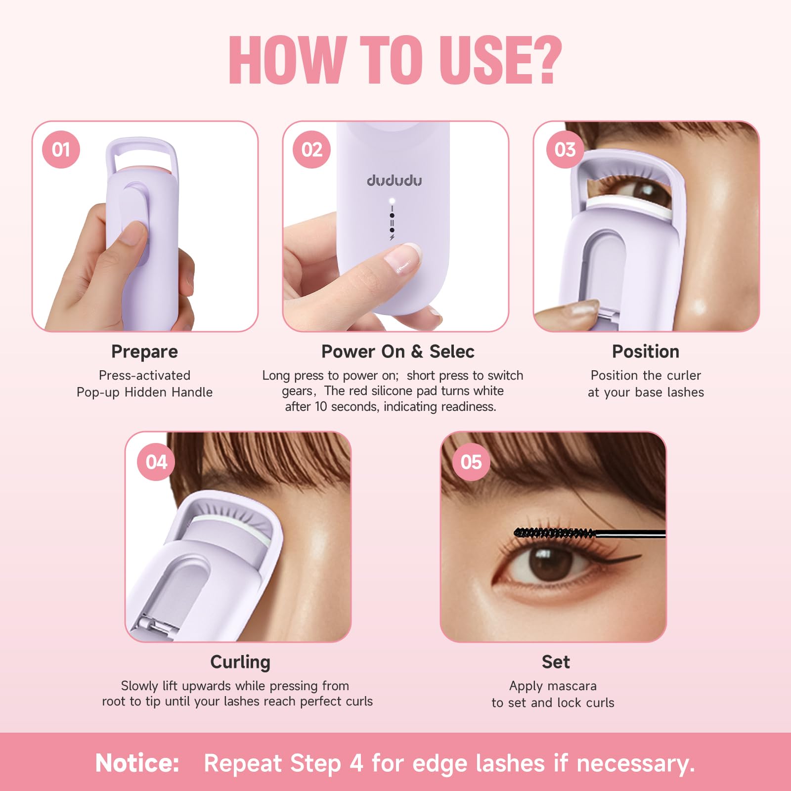 DUDUDU Heated Eyelash Curler – Travel-Size, 2-Temp, Type-C Recharge, 10s Heat, 24H Lift