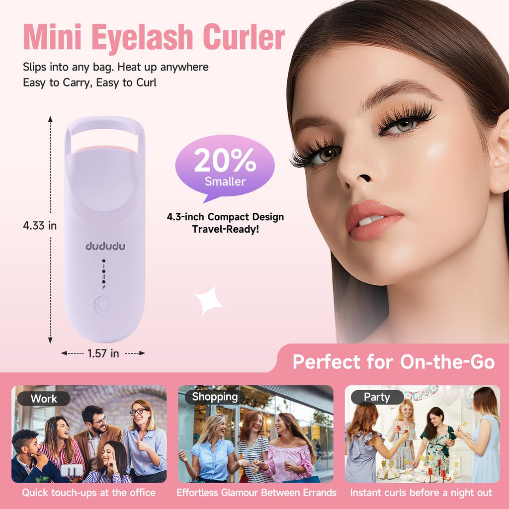 DUDUDU Heated Eyelash Curler – Travel-Size, 2-Temp, Type-C Recharge, 10s Heat, 24H Lift