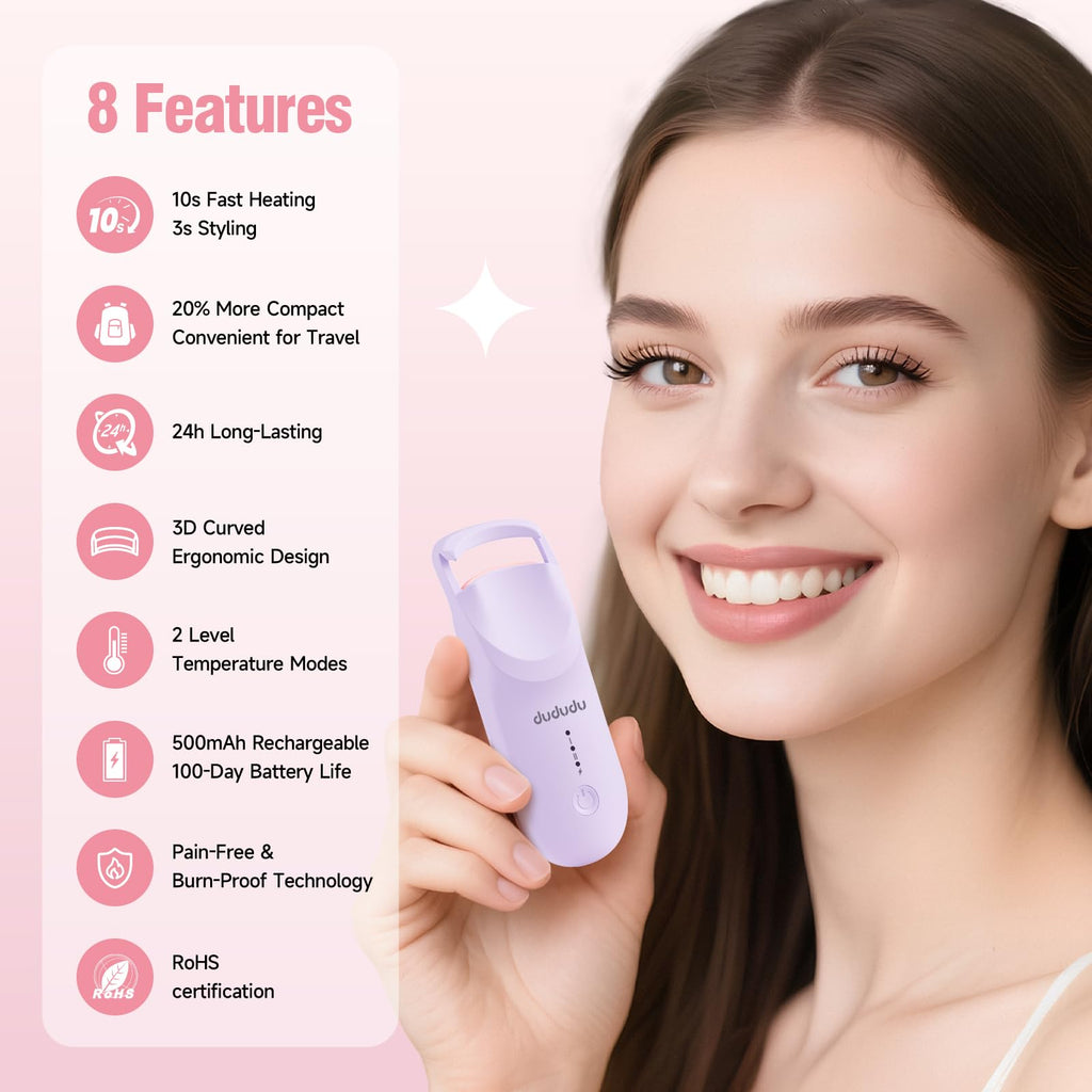 DUDUDU Heated Eyelash Curler – Travel-Size, 2-Temp, Type-C Recharge, 10s Heat, 24H Lift