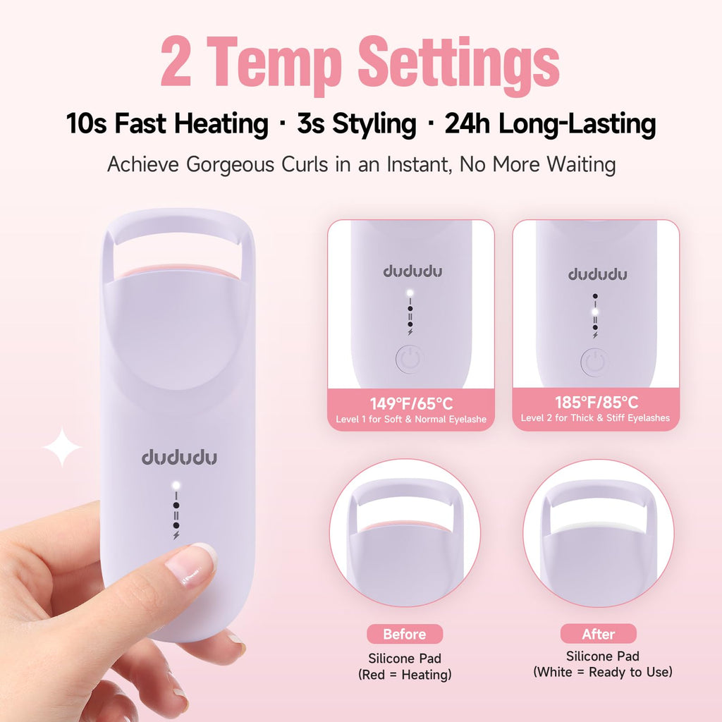 DUDUDU Heated Eyelash Curler – Travel-Size, 2-Temp, Type-C Recharge, 10s Heat, 24H Lift