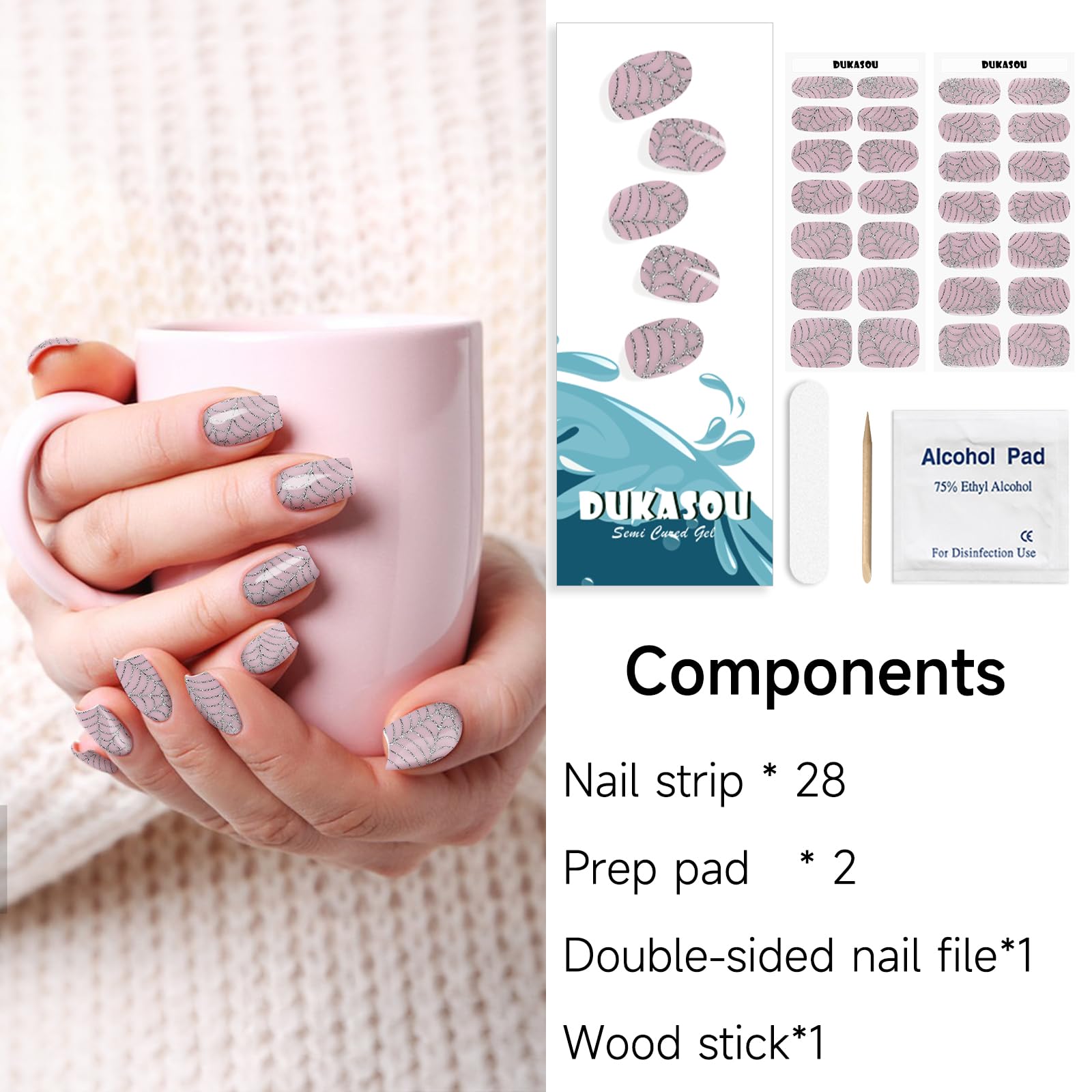 DUKASOU Semi Cured Gel Nail Strips, 28 Pcs — Salon-Quality DIY Nails at Home