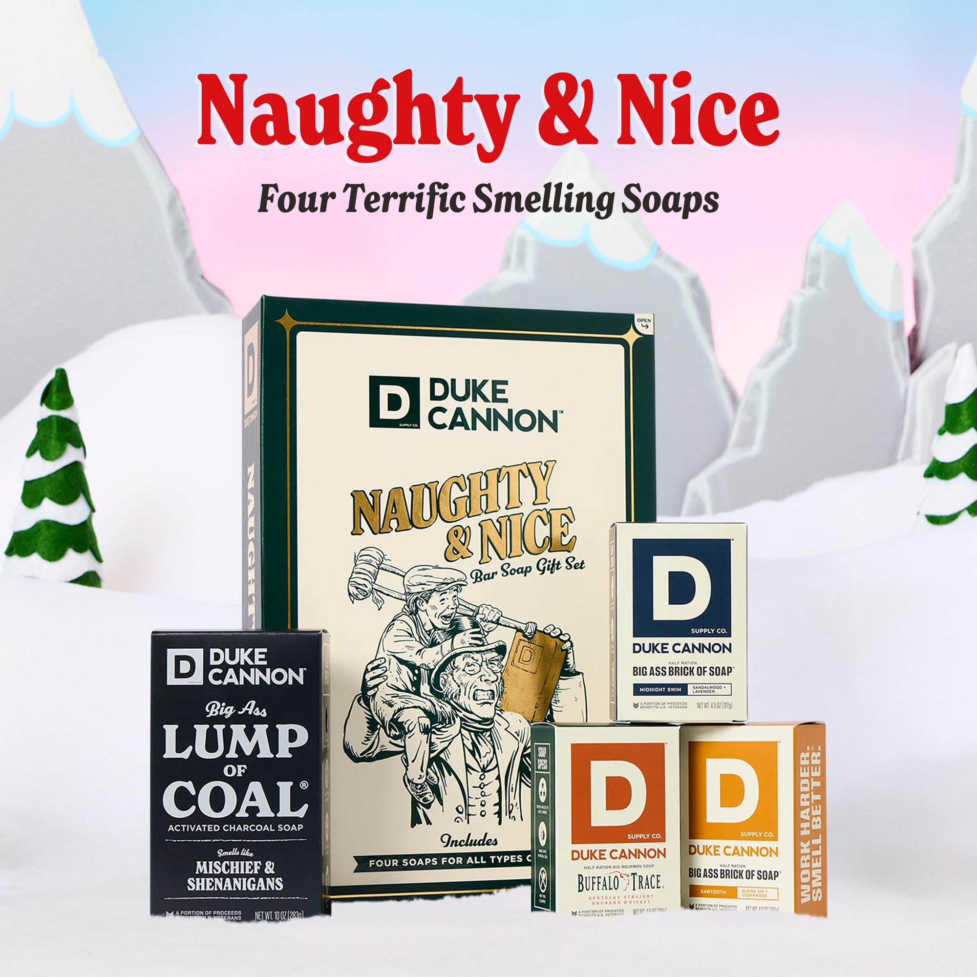 Duke Cannon Lump of Coal Gift Set - 10 oz Bar + 3 Junior Bars (American Bourbon, Sawtooth, Midnight Swim)