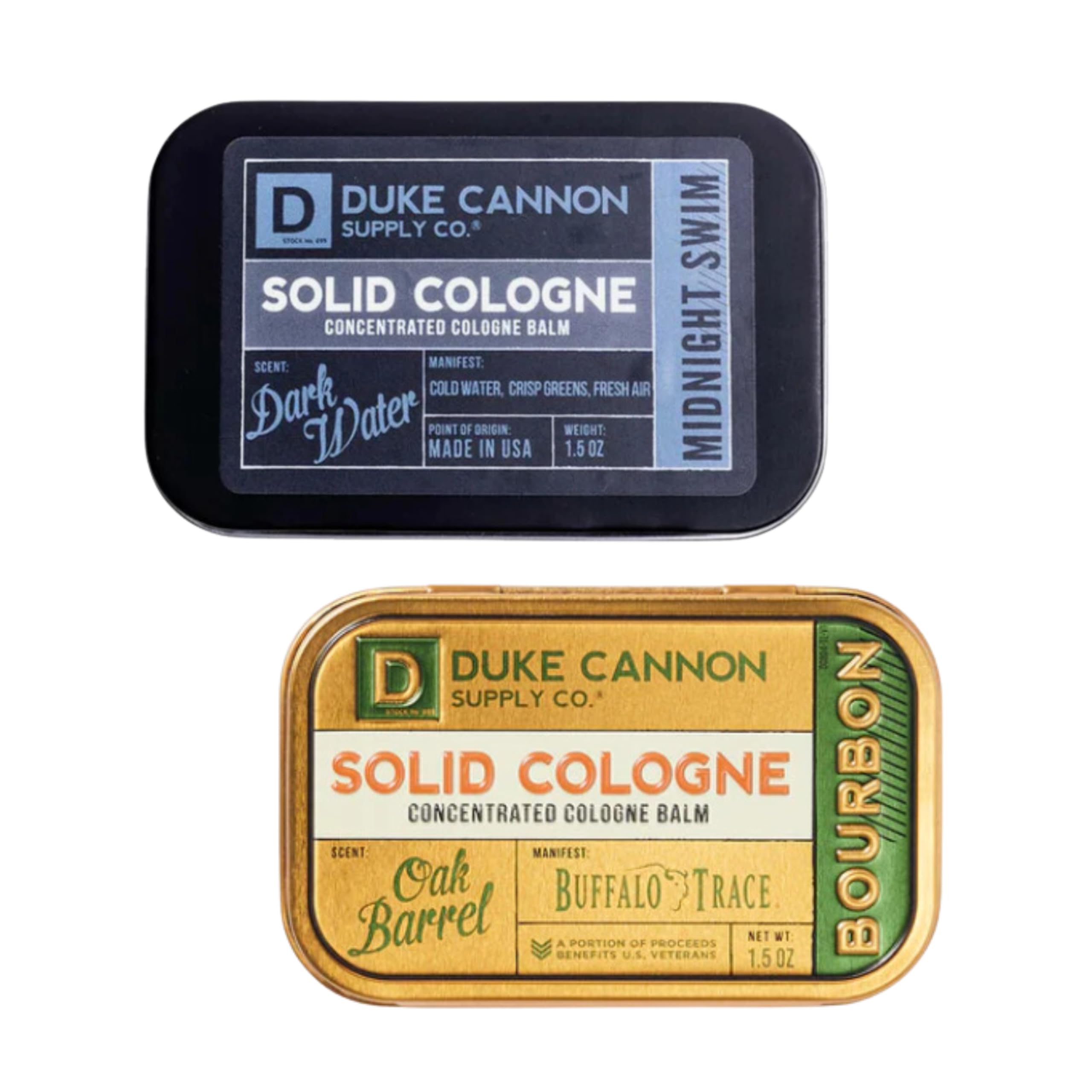 Duke Cannon Solid Cologne Bourbon & Midnight Swim — Portable 1.5 oz Cologne Balm Duo (2-Pack)