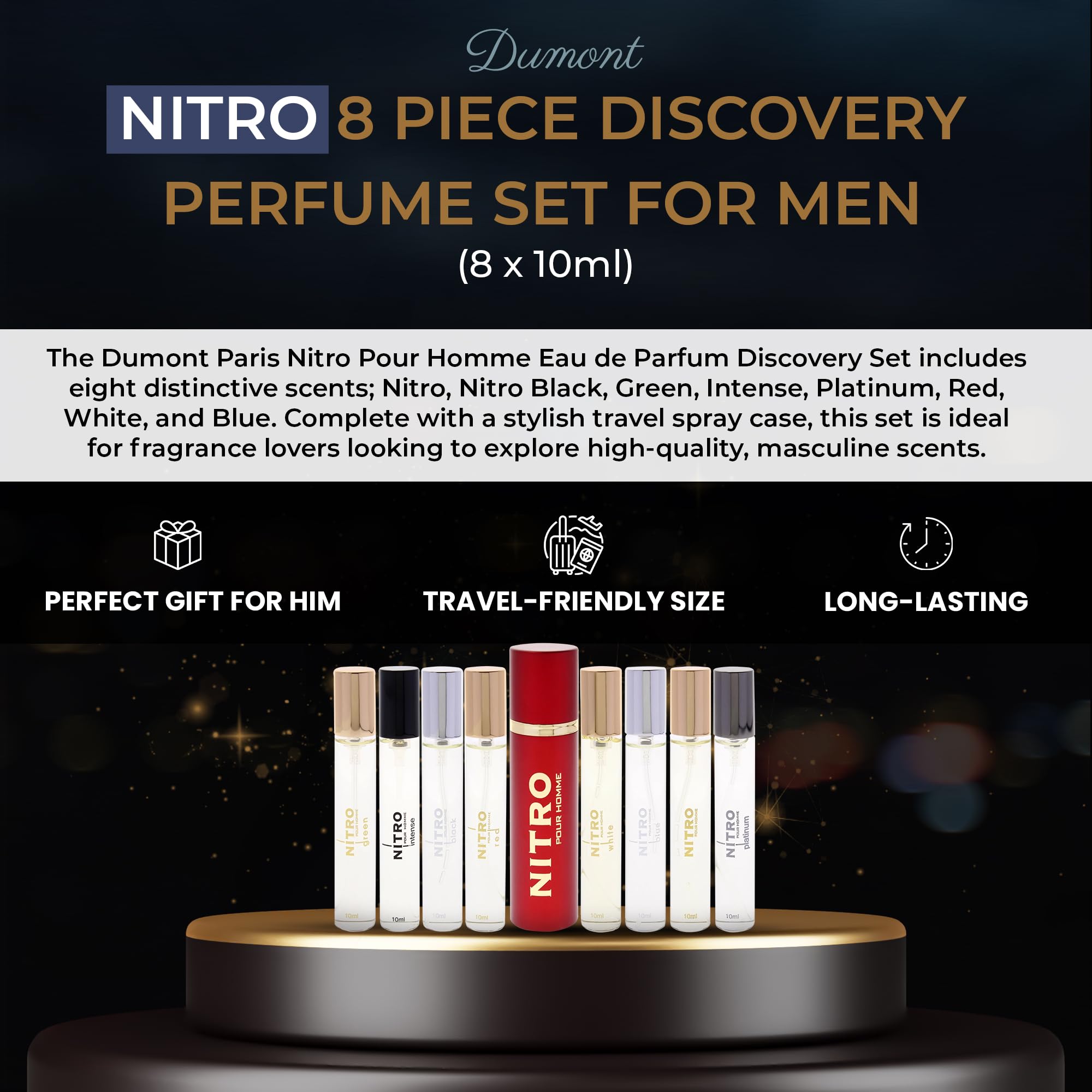Dumont Nitro Pour Homme Perfume Discovery Set for Men – 8x0.34oz Mini Travel Sprays