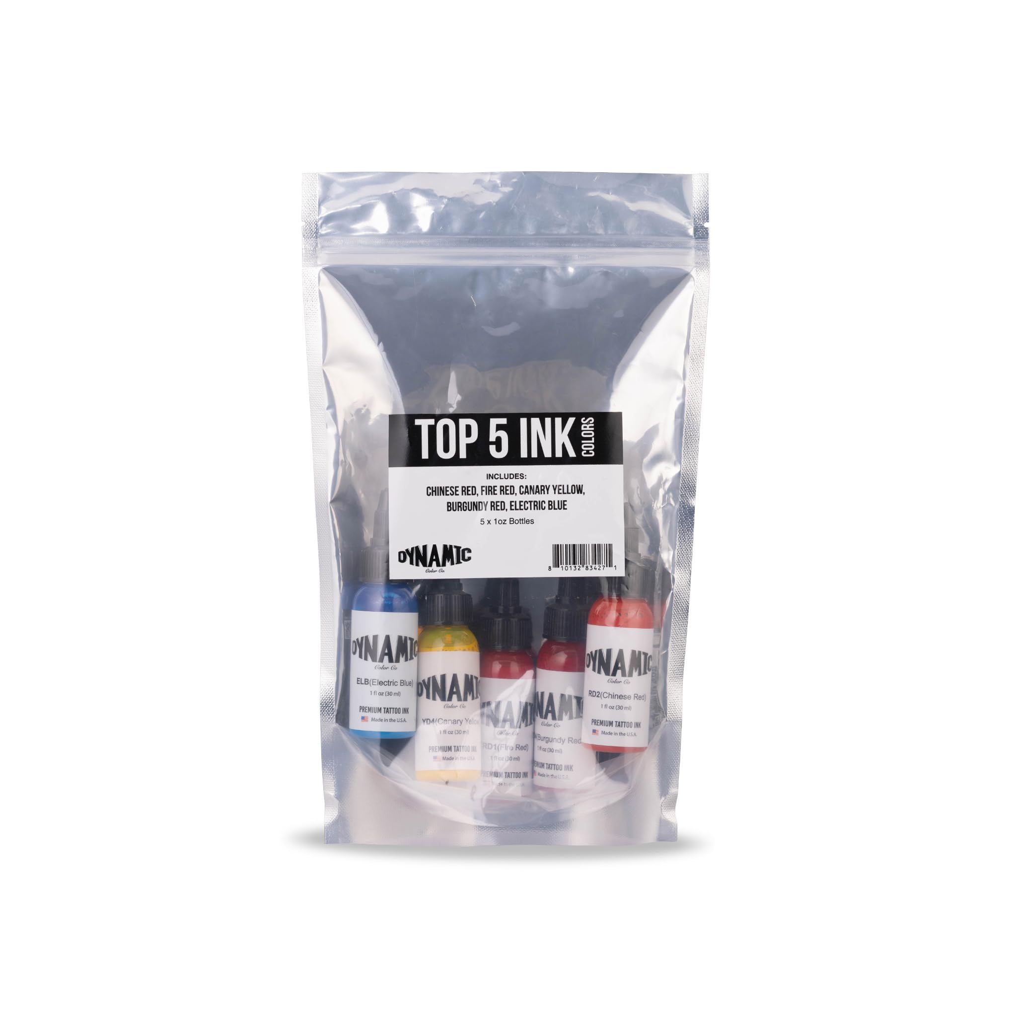 Dynamic Color Tattoo Ink – Top 5 Colors Bundle Pack (Chinese Red, Fire Red, Canary Yellow, Burgundy Red, Electric Blue) – 1 oz, Made in USA, Sterilized