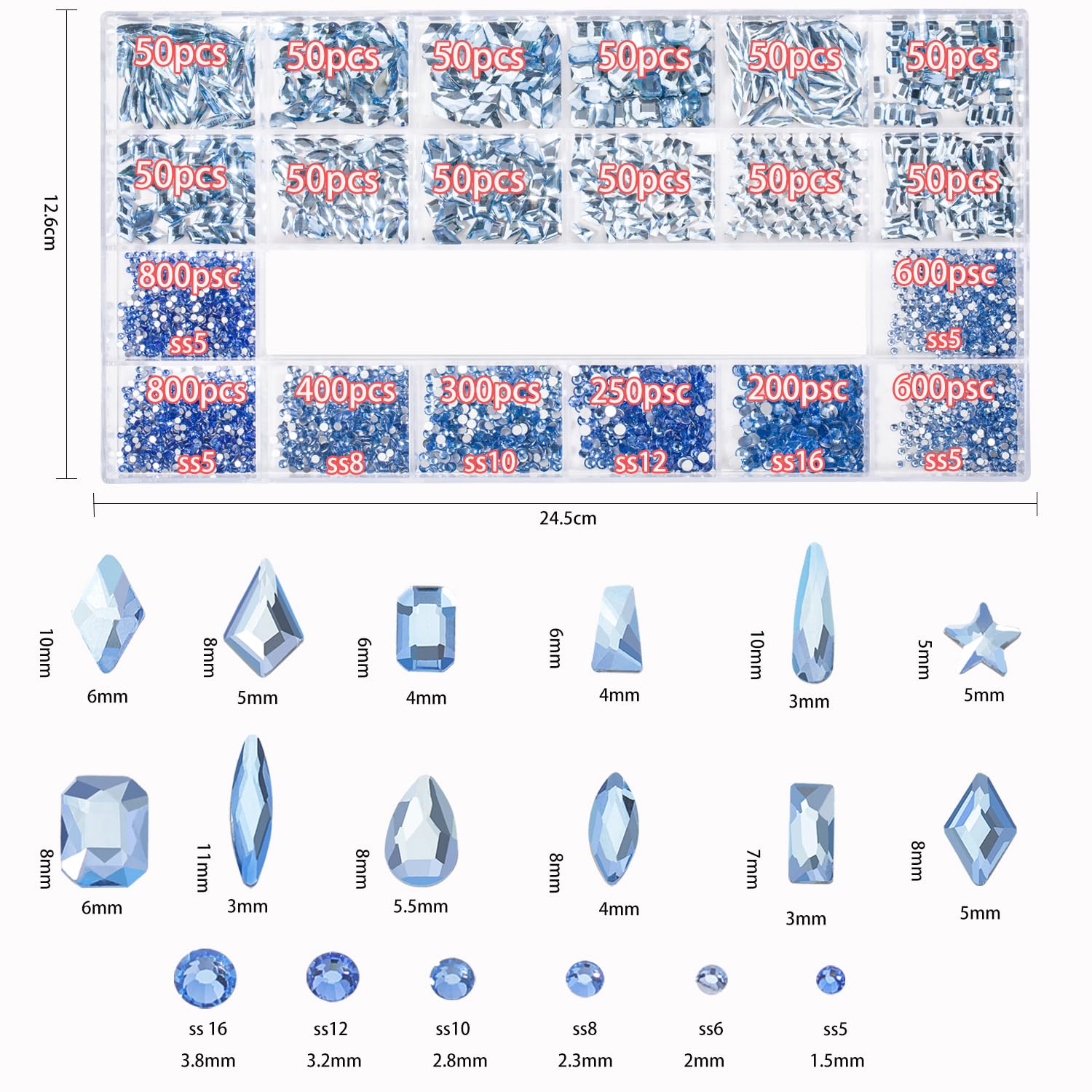 DZHILHMX Nail Rhinestones — 4300+ Light Blue Crystals with Mixed Shapes, Glue Gel & Tools