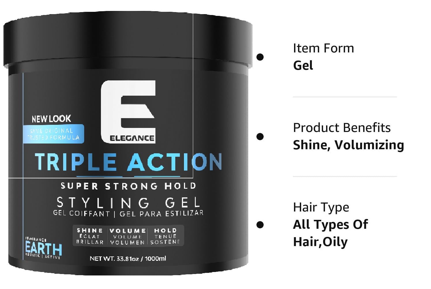 E Elegance Earth Fragrance Triple Action Hair Gel – Strong Hold, Extreme Volume, Long-Lasting Shine | All Hair Types, 33.8 oz