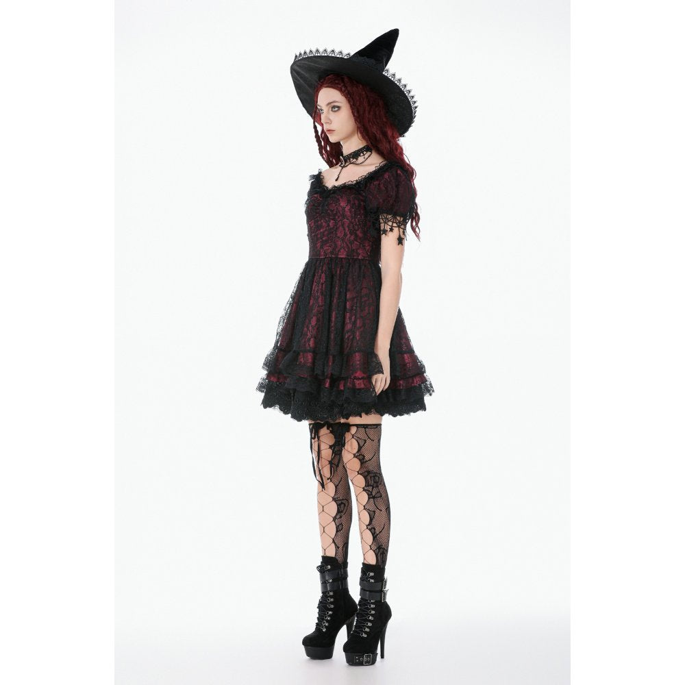Dark in Love Burgundy & Black Lace Princess Dress with Stars Lace
