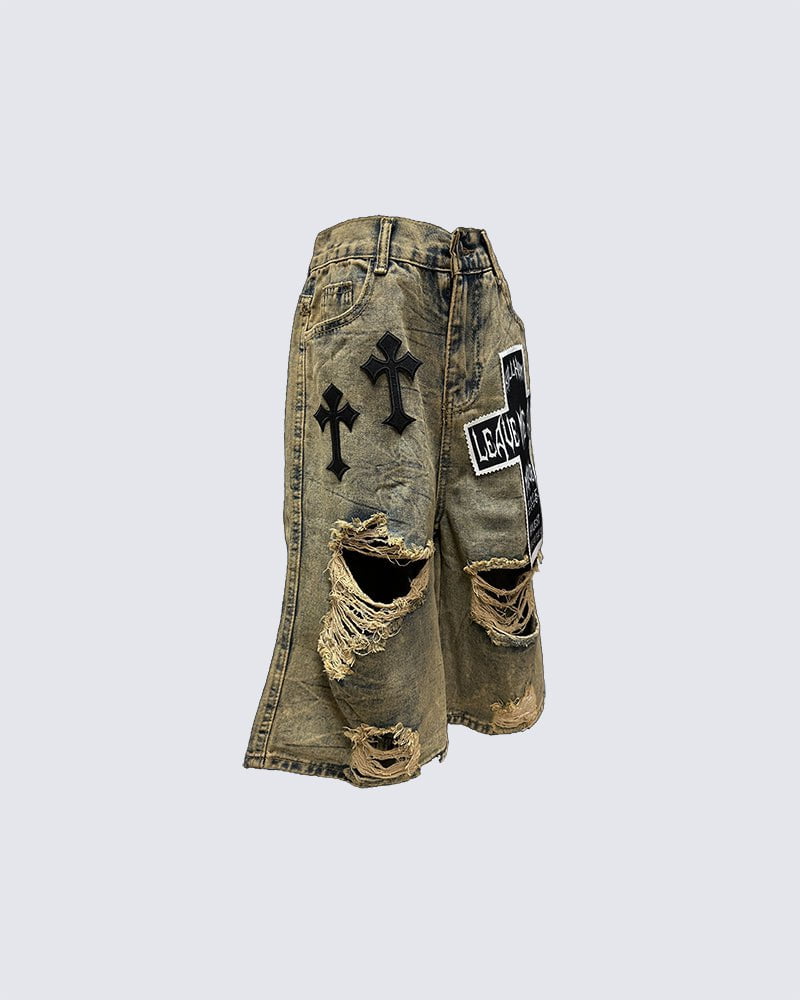 Distressed Gothic Patchwork Denim Shorts with Chains