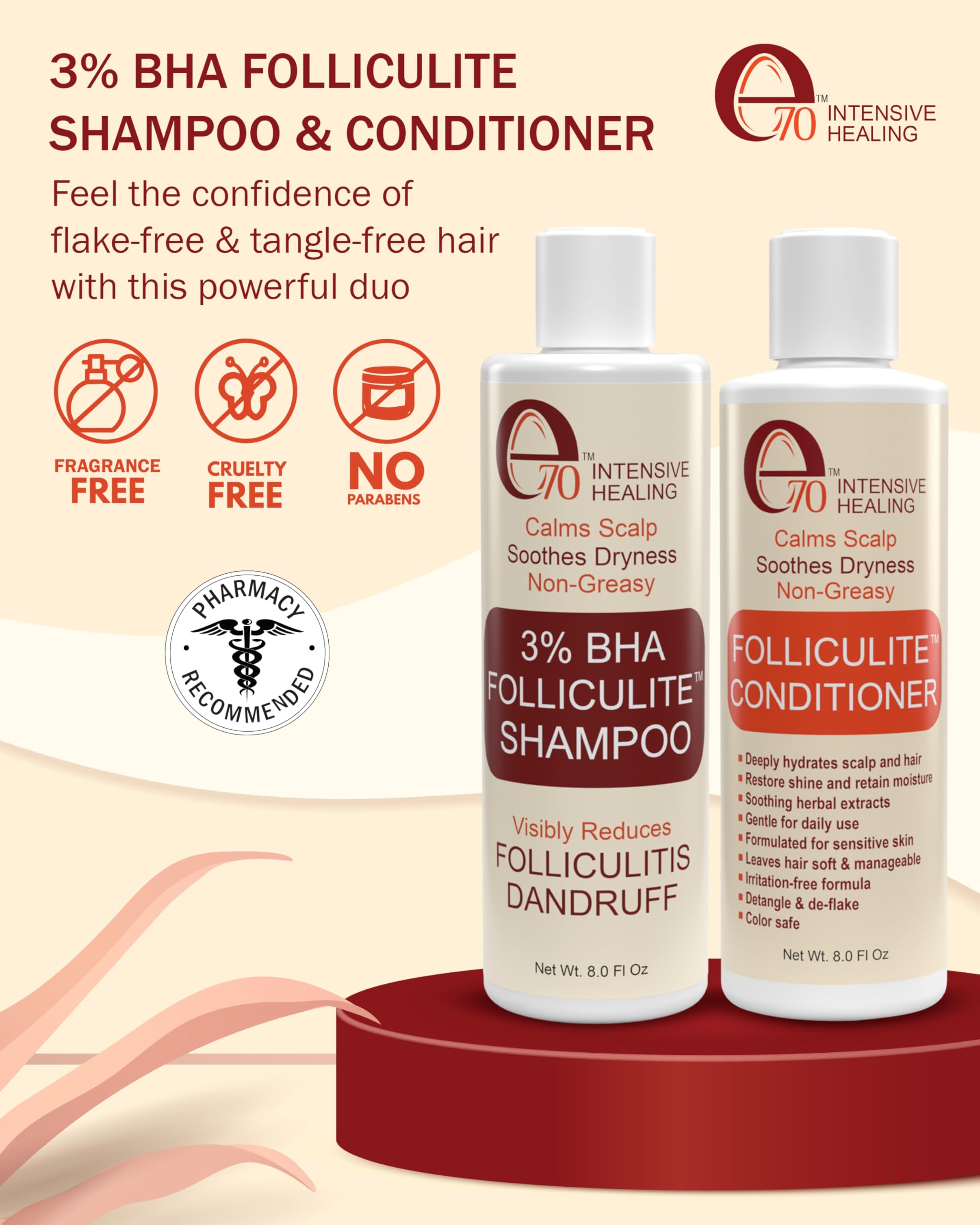 e70 Folliculitis Treatment Shampoo & Conditioner – 3% BHA, Aloe Vera & Tea Tree Oil (8 fl oz) – Made in USA