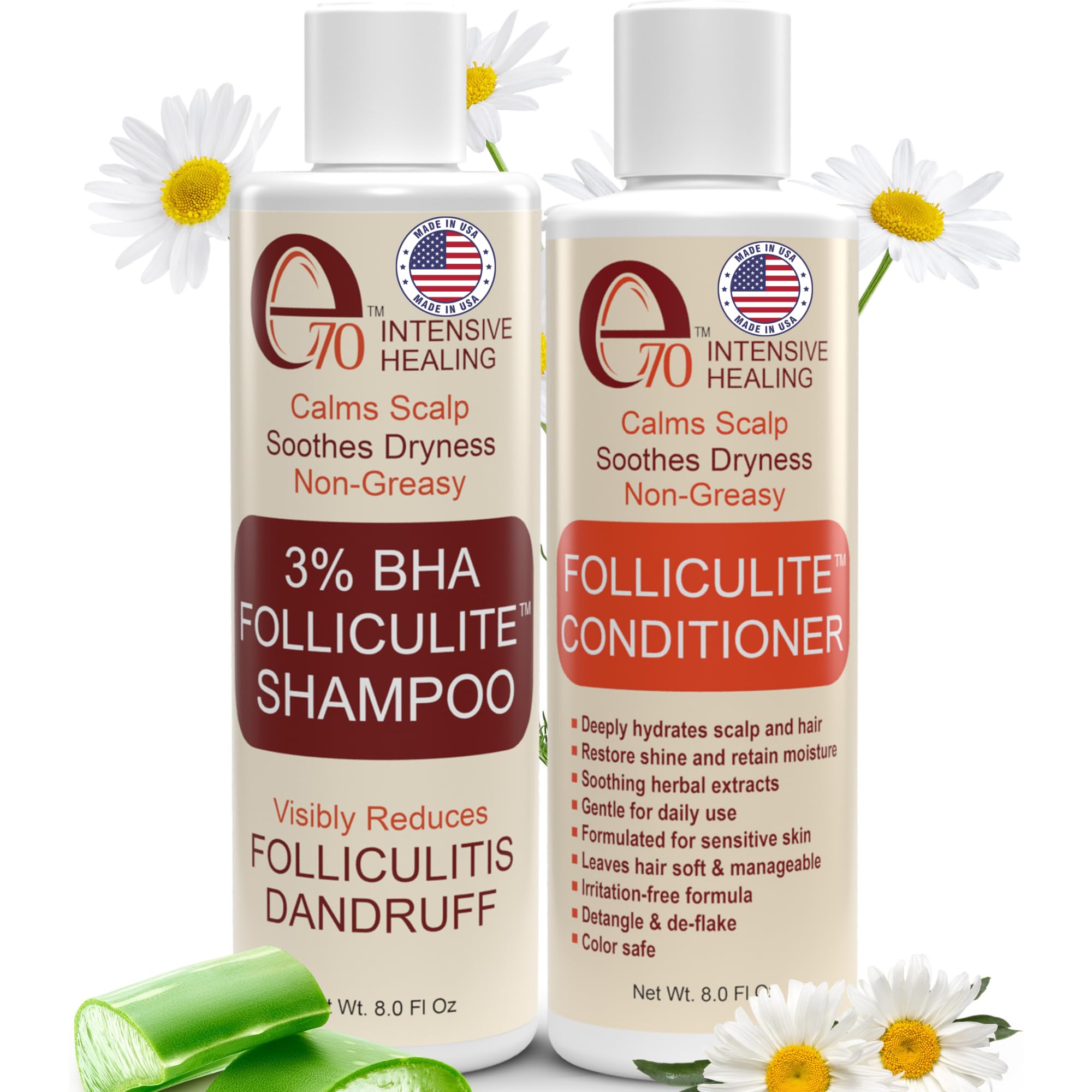 e70 Folliculitis Treatment Shampoo & Conditioner – 3% BHA, Aloe Vera & Tea Tree Oil (8 fl oz) – Made in USA