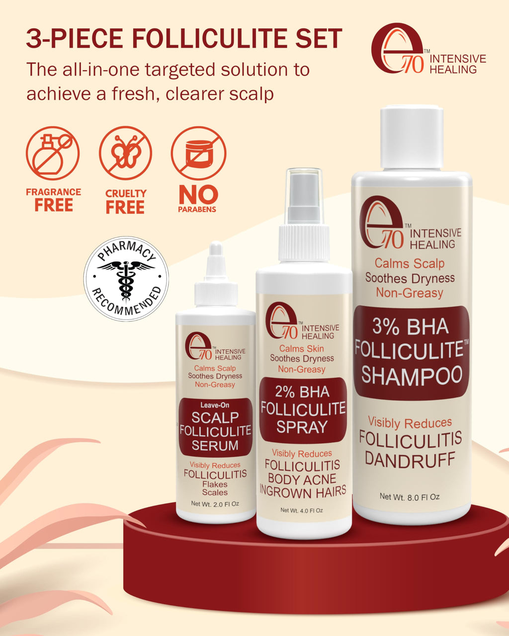 e70 Folliculitis 3-Piece Set: Shampoo, Serum & Body Spray with Salicylic Acid