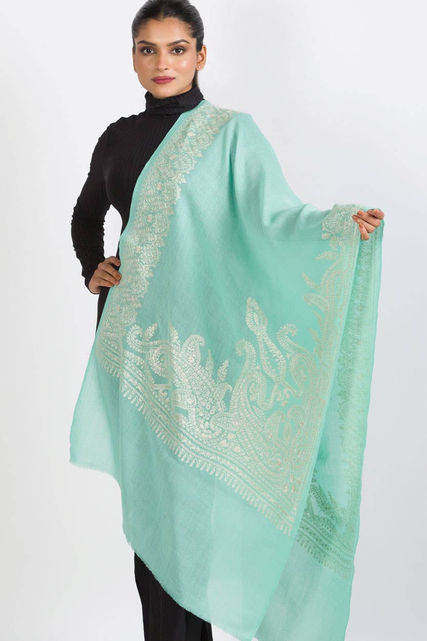 MerinWool Embroidered Shawl Wrap – Mint Green Kashmir-Inspired Border/Cozy Autumn/Winter Scarf