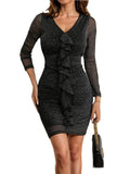 Metallic Ruffled V-Neck Long Sleeve Mini Dress