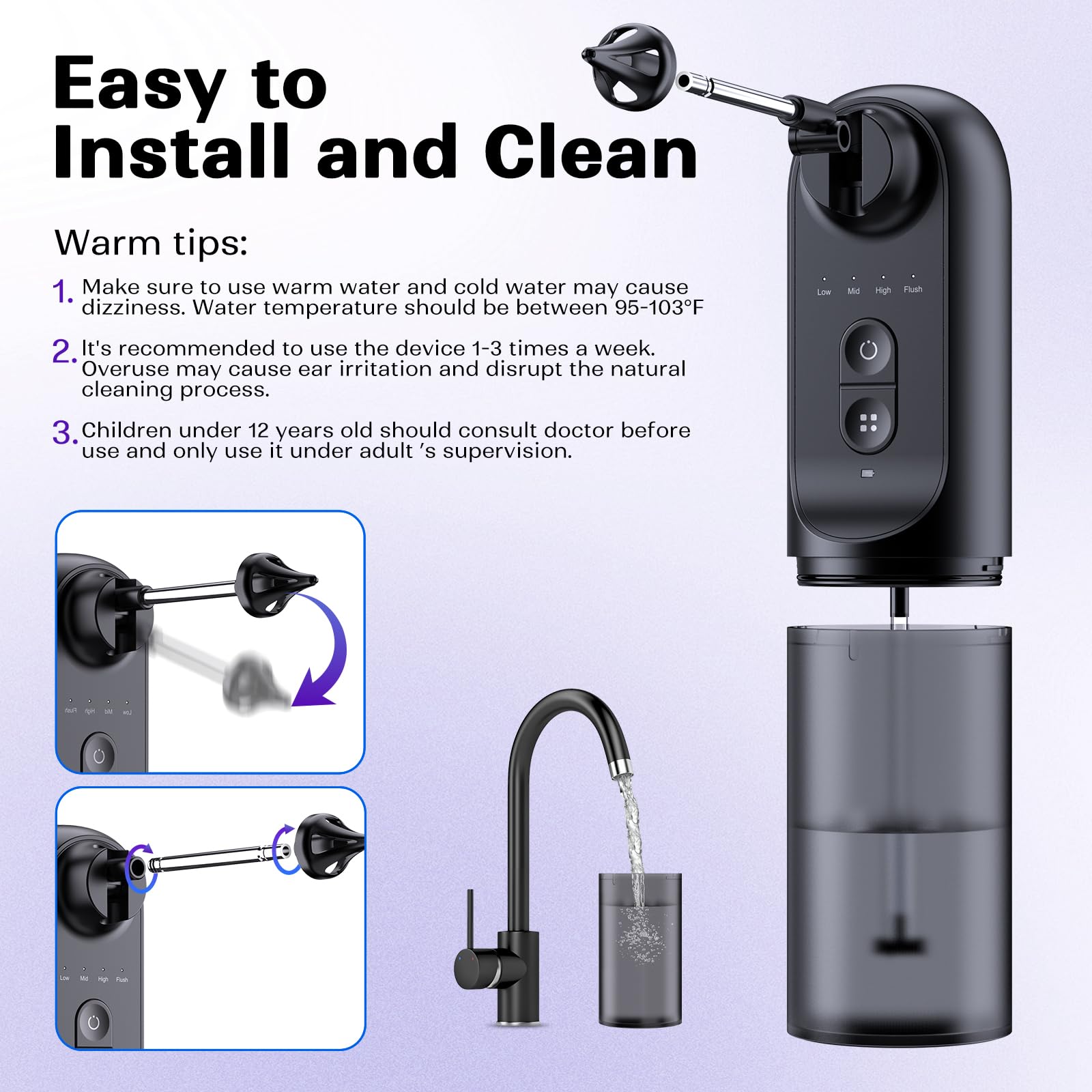 Ear Wax Removal System – 4 Pressure Settings, IPX7 Waterproof, USB Rechargeable, 6 Nozzles