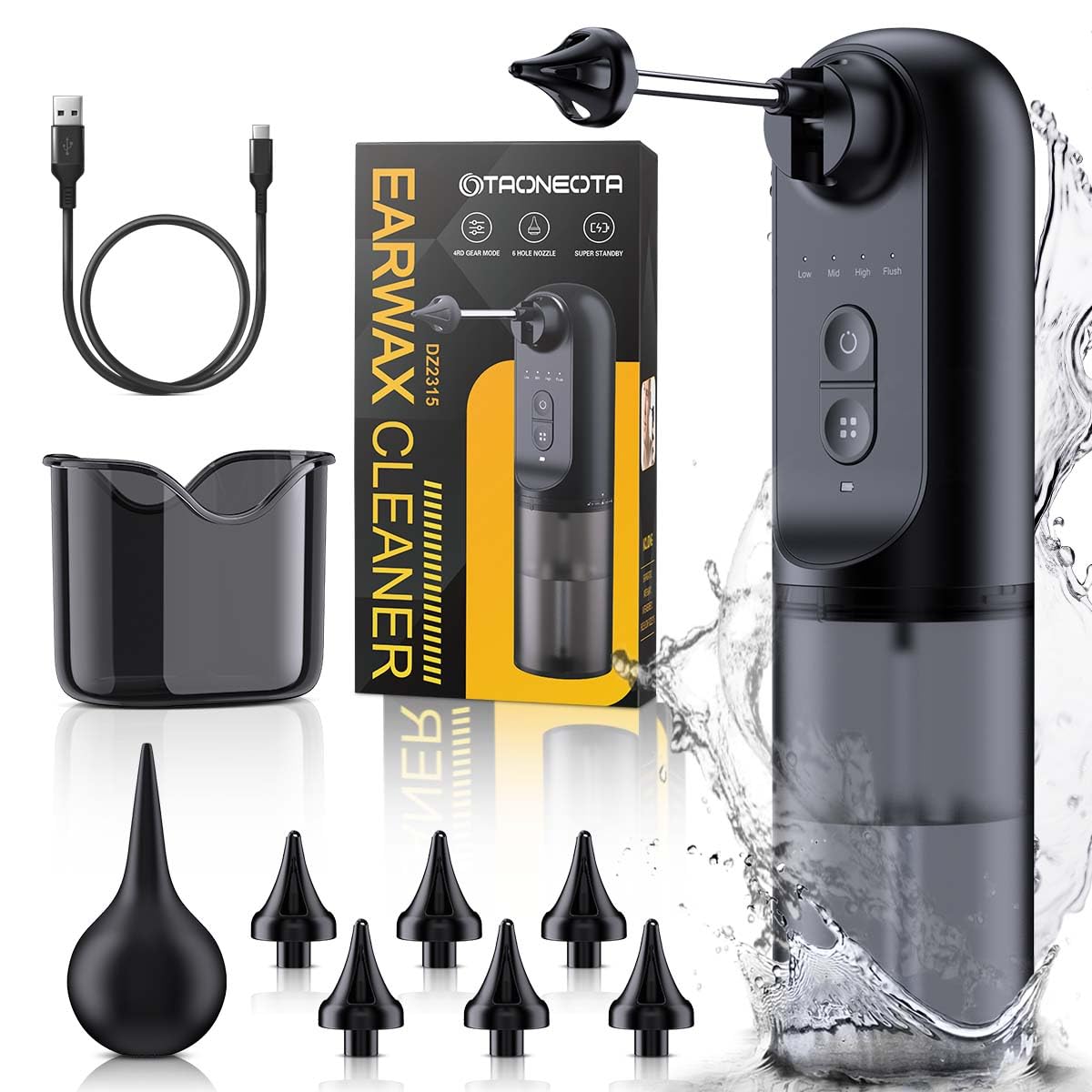 Ear Wax Removal System – 4 Pressure Settings, IPX7 Waterproof, USB Rechargeable, 6 Nozzles