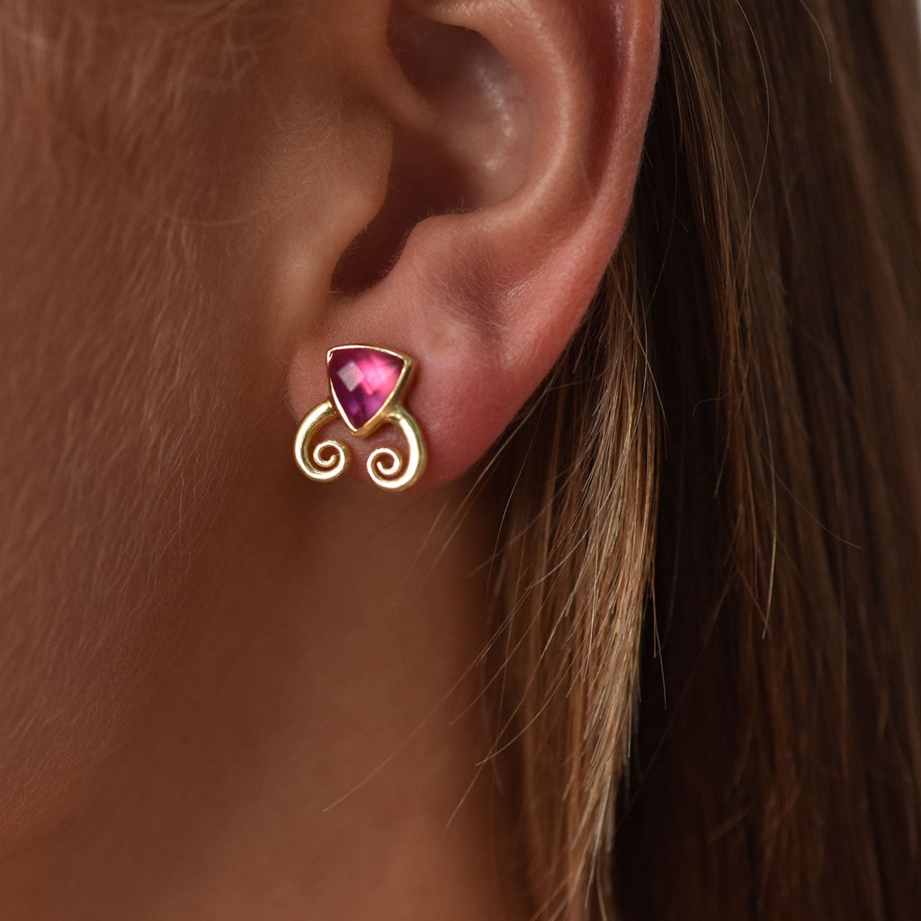 Trillion Doublet and Scroll Studs: Mother of Pearl with Pink Doublets