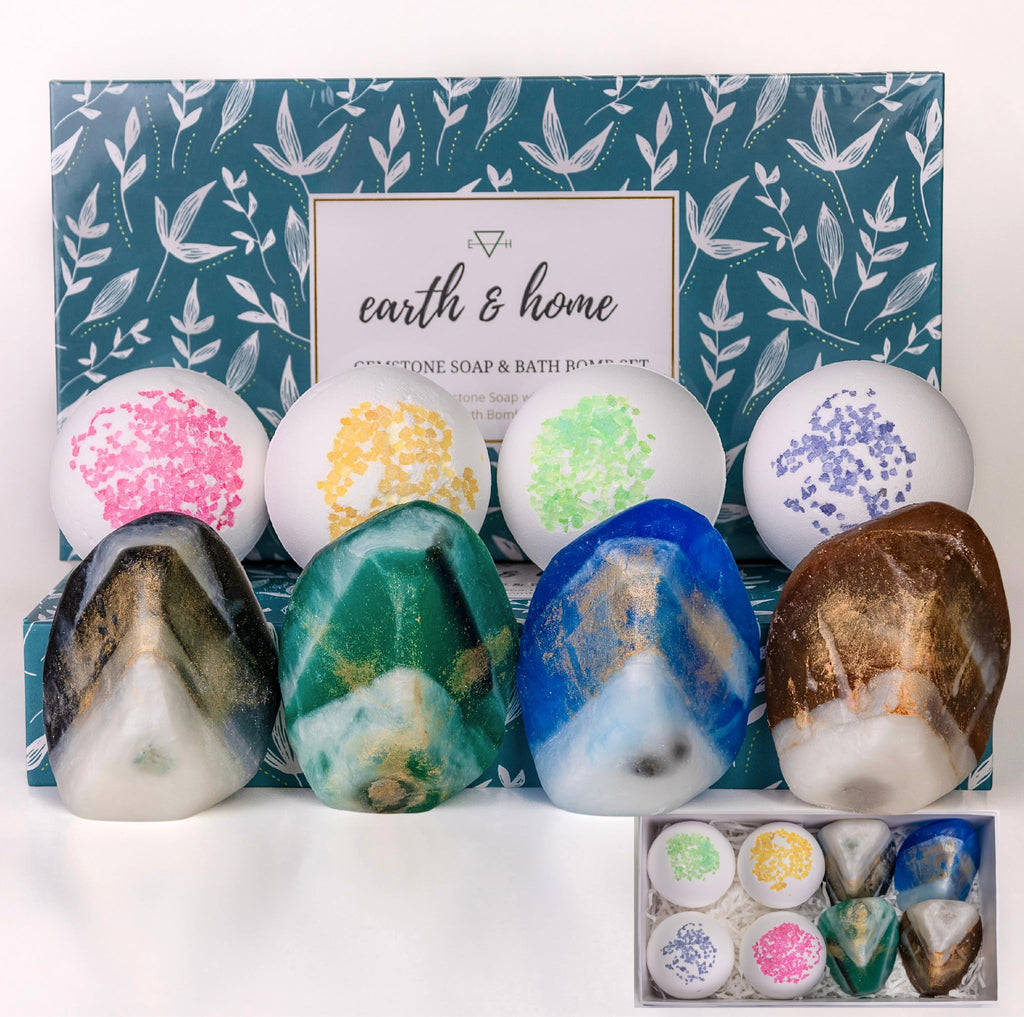 Earth & Home Gemstone Soap & Bath Bomb Set – Relaxing Spa Gift with Crystals