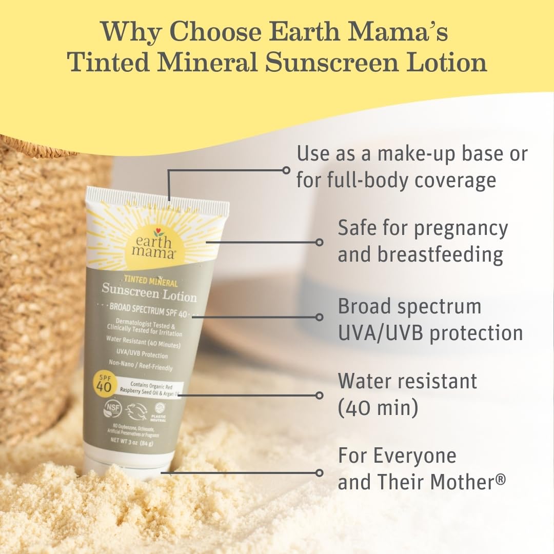 Earth Mama Tinted Mineral Sunscreen Lotion SPF 40 – 2-Pack with Organic Argan & Red Raspberry Seed Oil